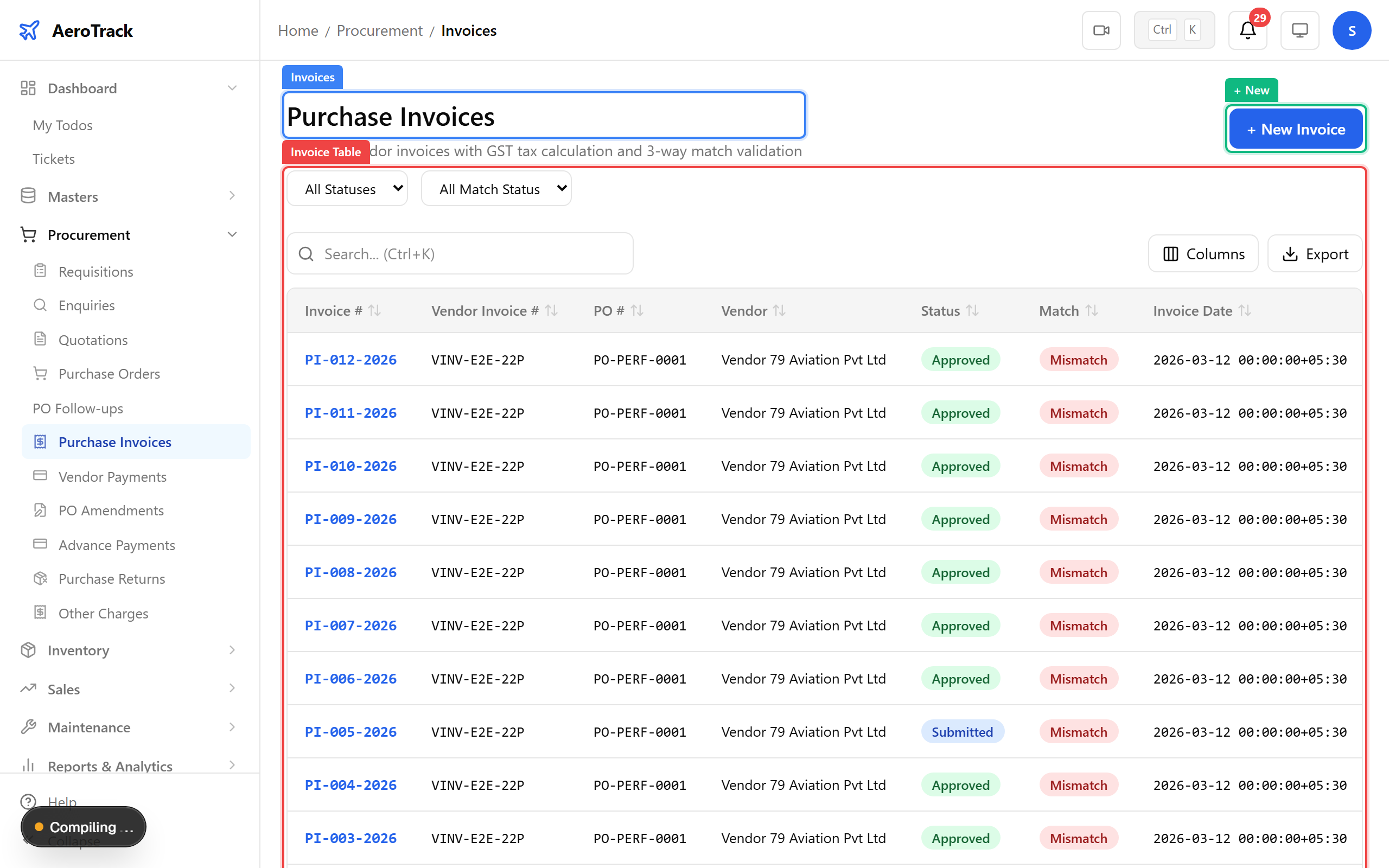 Invoice list with match status filters