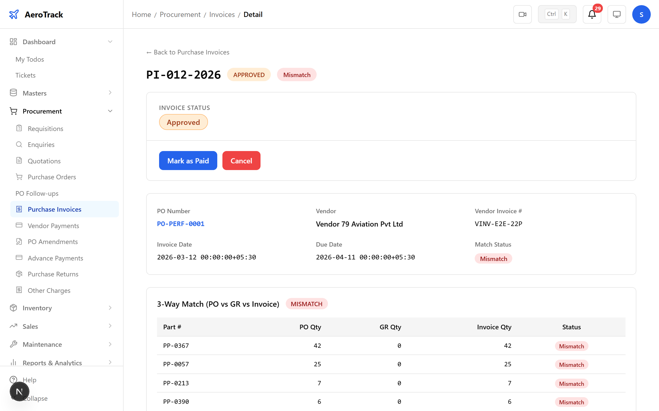 Invoice detail with tax summary and match status