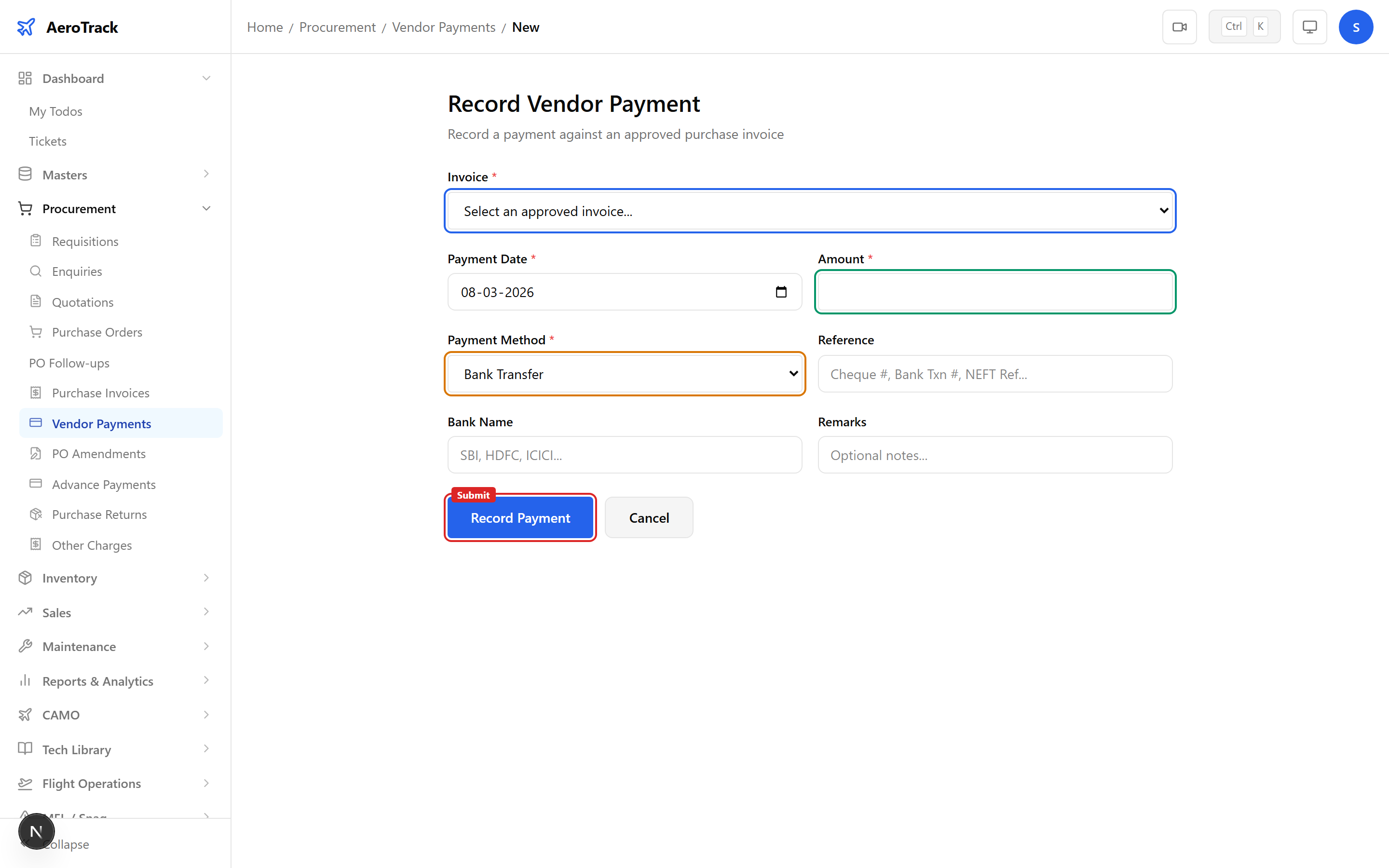 Payment form showing invoice selector, vendor info, outstanding amount with progress bar, and payment entry fields