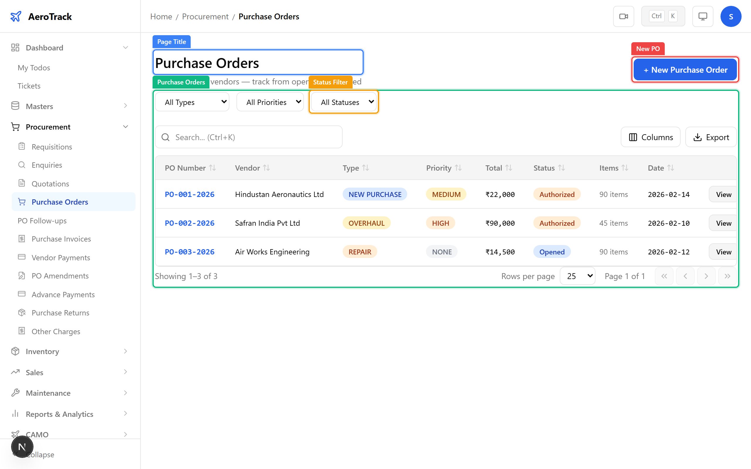 Purchase orders list page with filters and New PO button