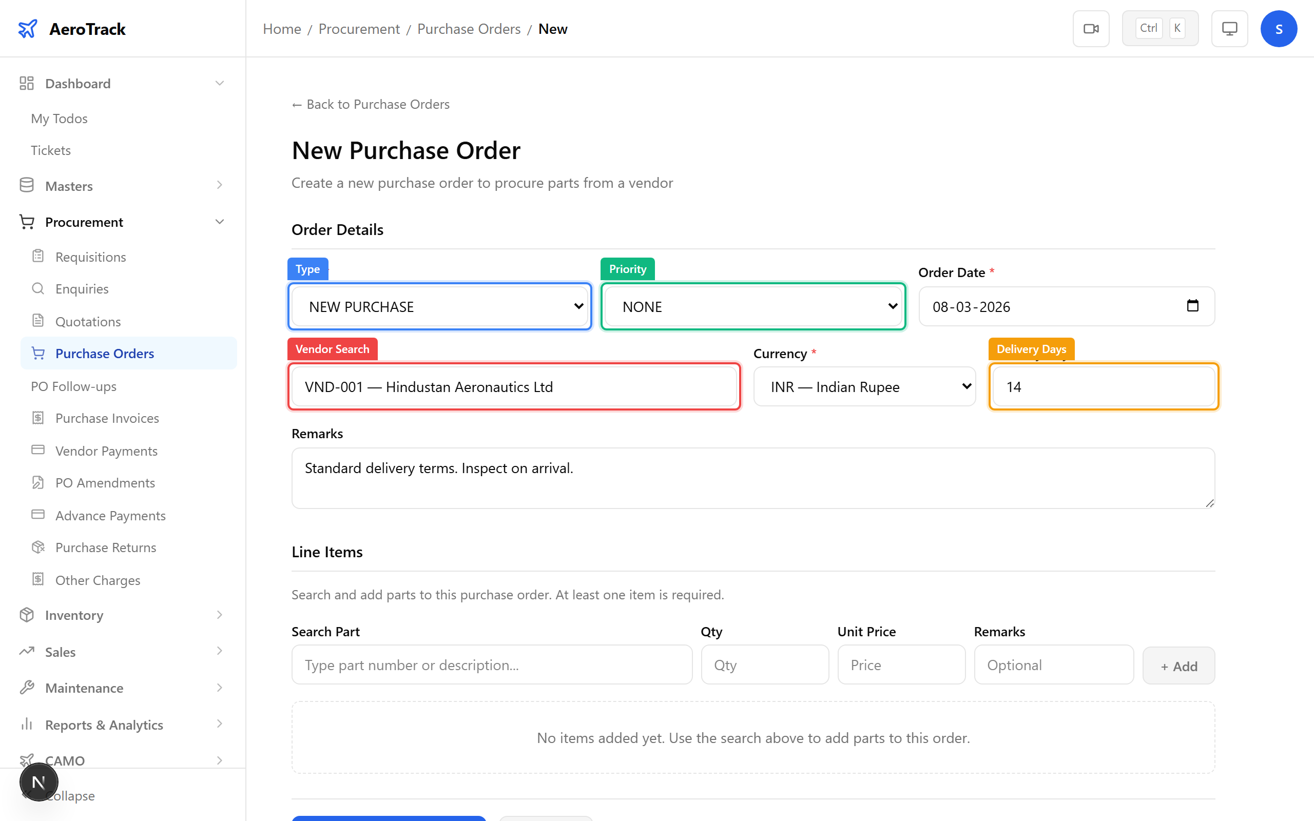 PO form header with vendor search, type, priority, and currency fields
