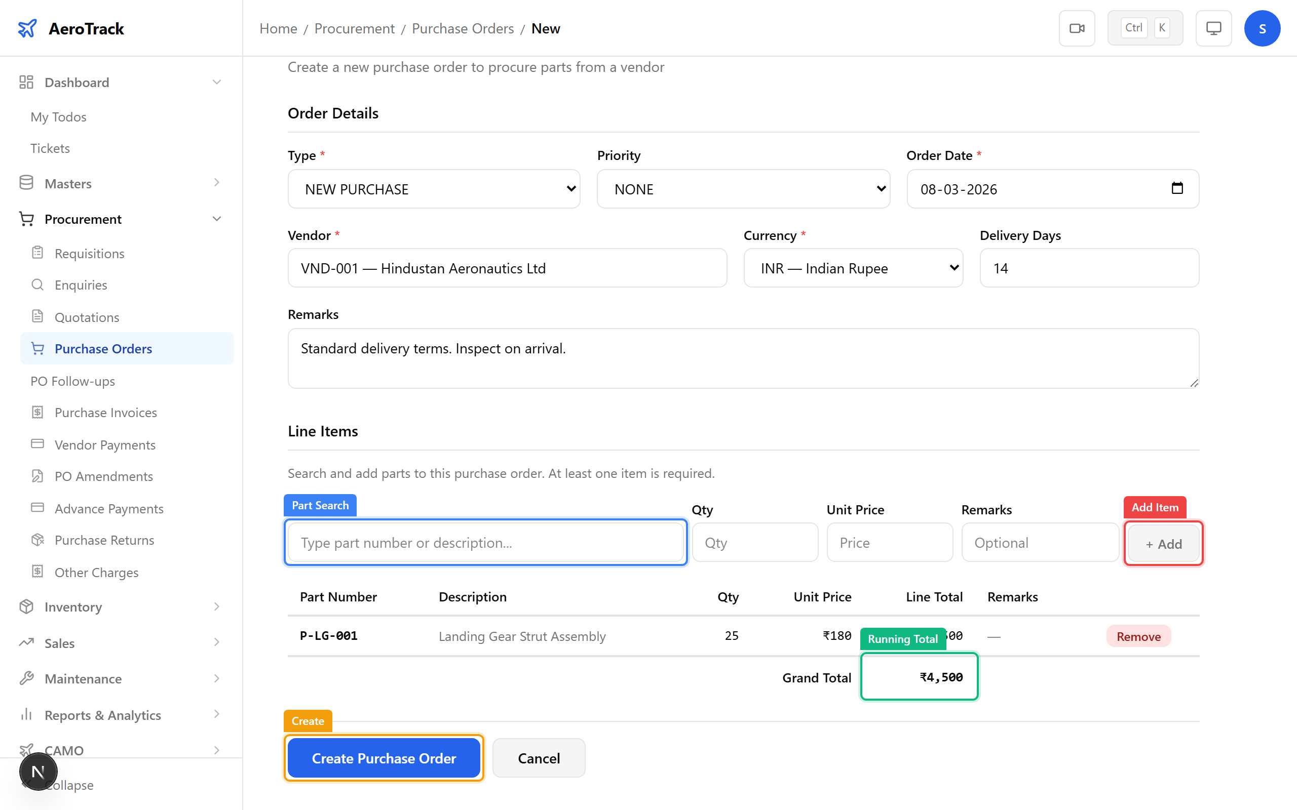 PO line items with part search, quantity, price, and running total