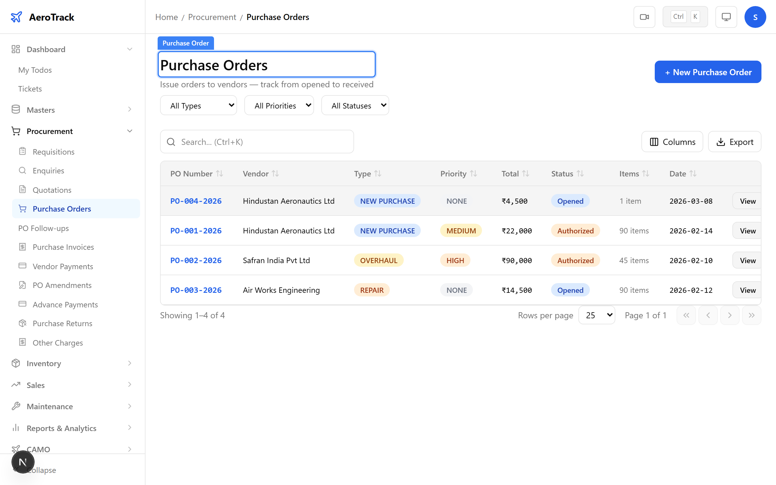 PO detail page showing vendor, line items, grand total, and follow-up section