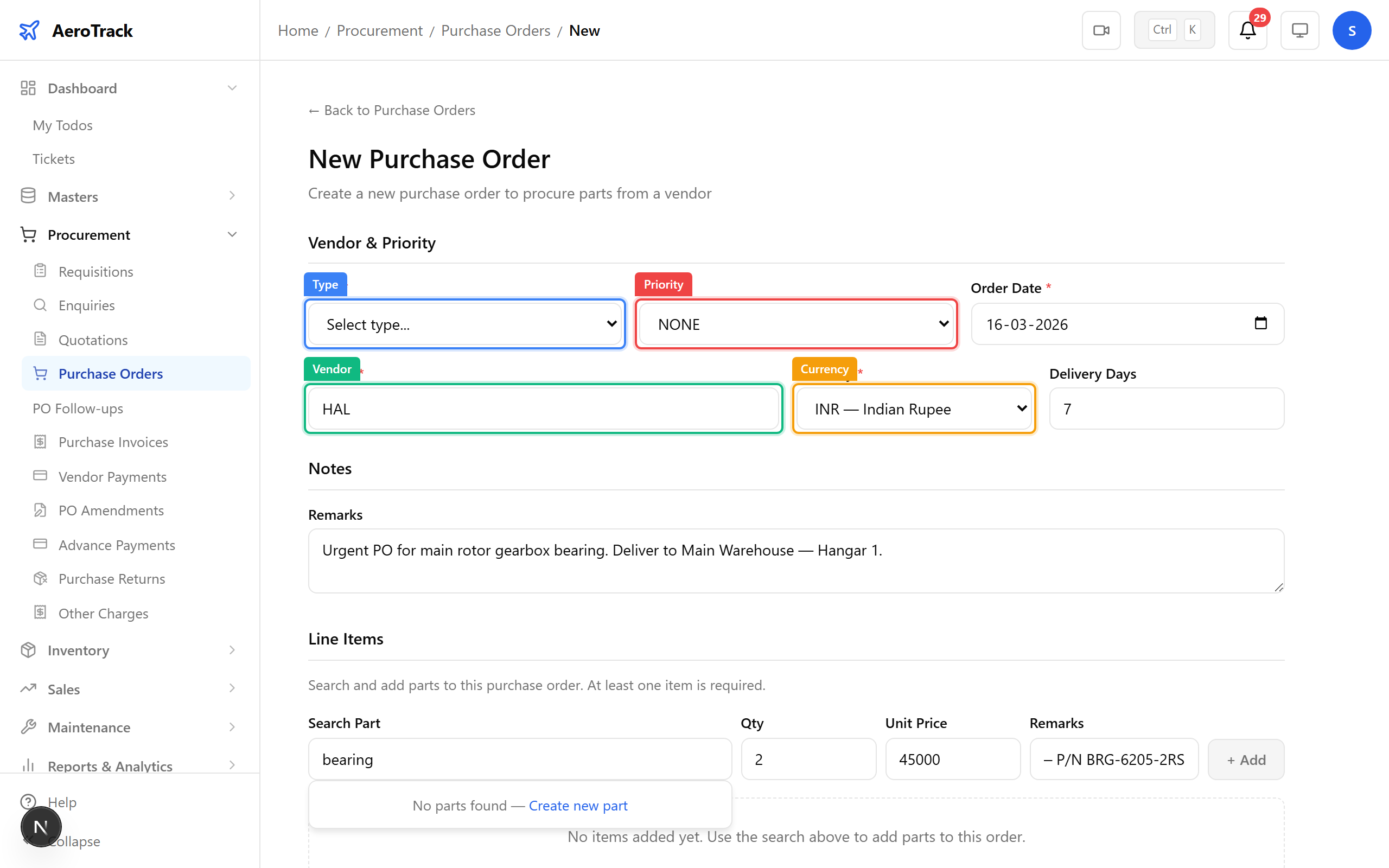Purchase order form with vendor and line items