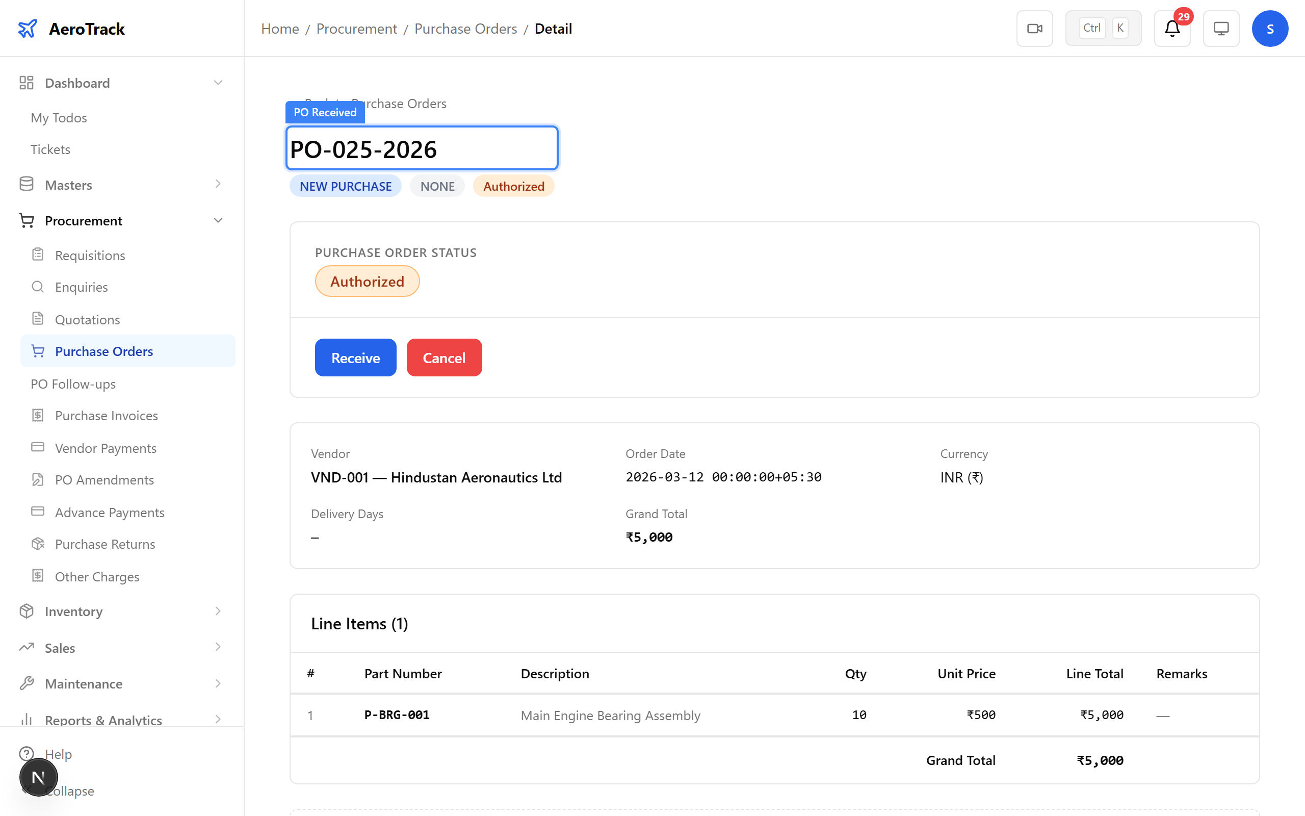PO detail in RECEIVED status