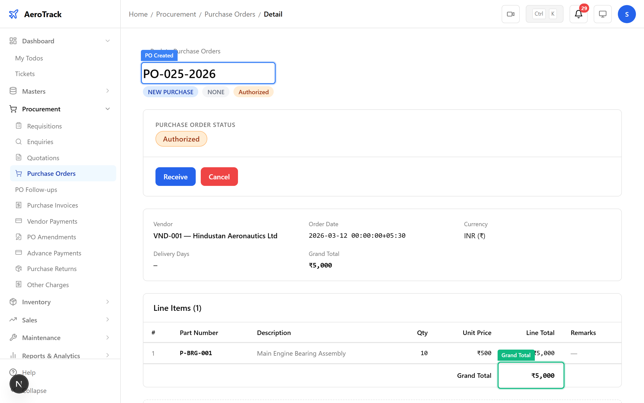 PO detail in OPENED status with line items