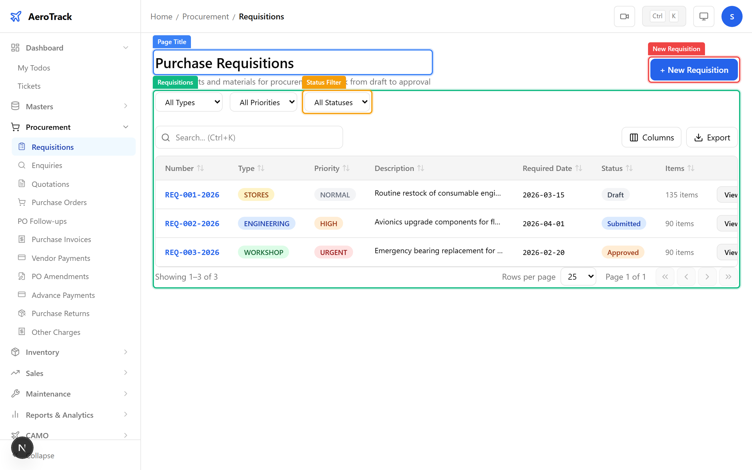 Requisitions list page with filters and New Requisition button