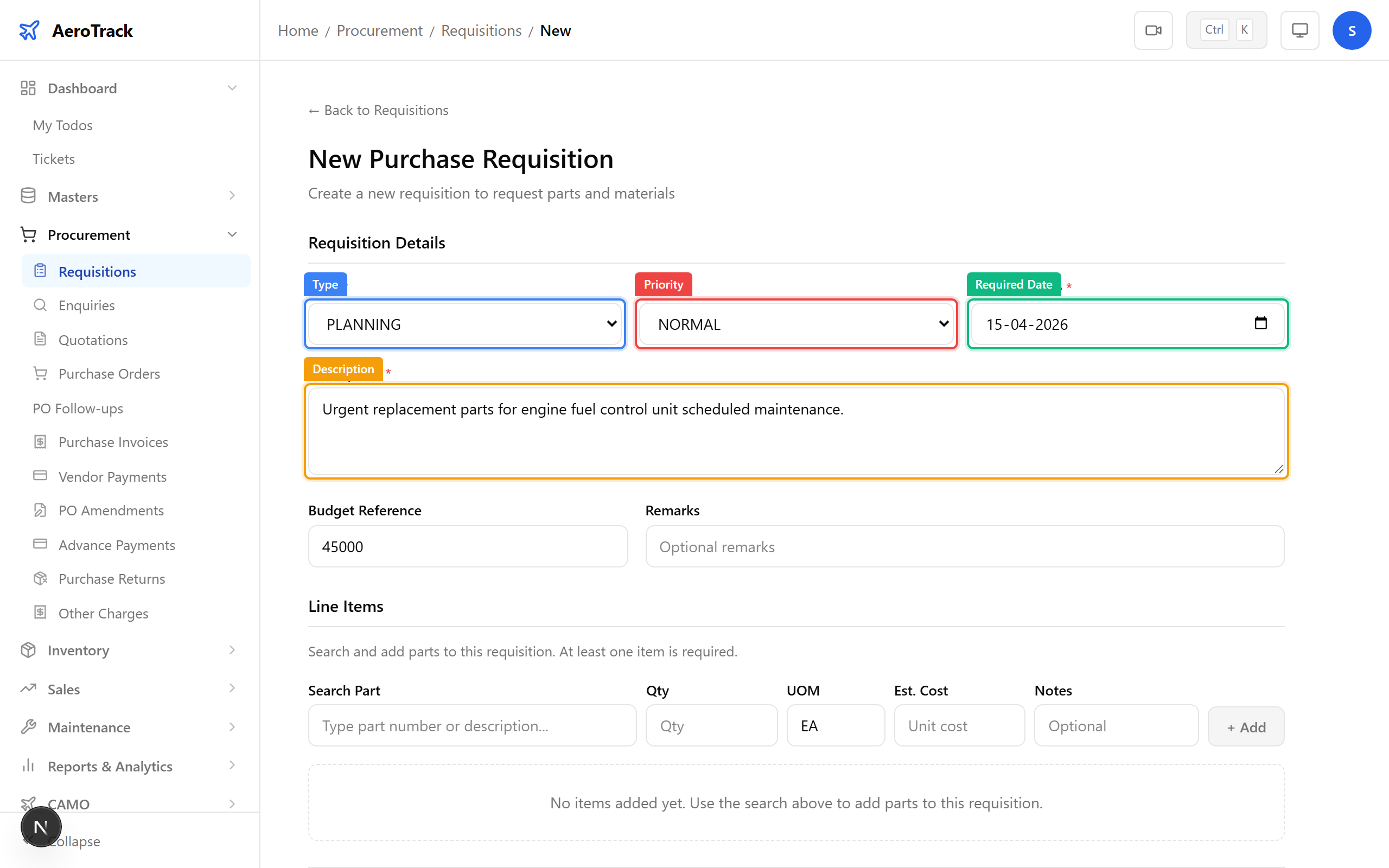 Requisition form header with type, priority, date, and description fields