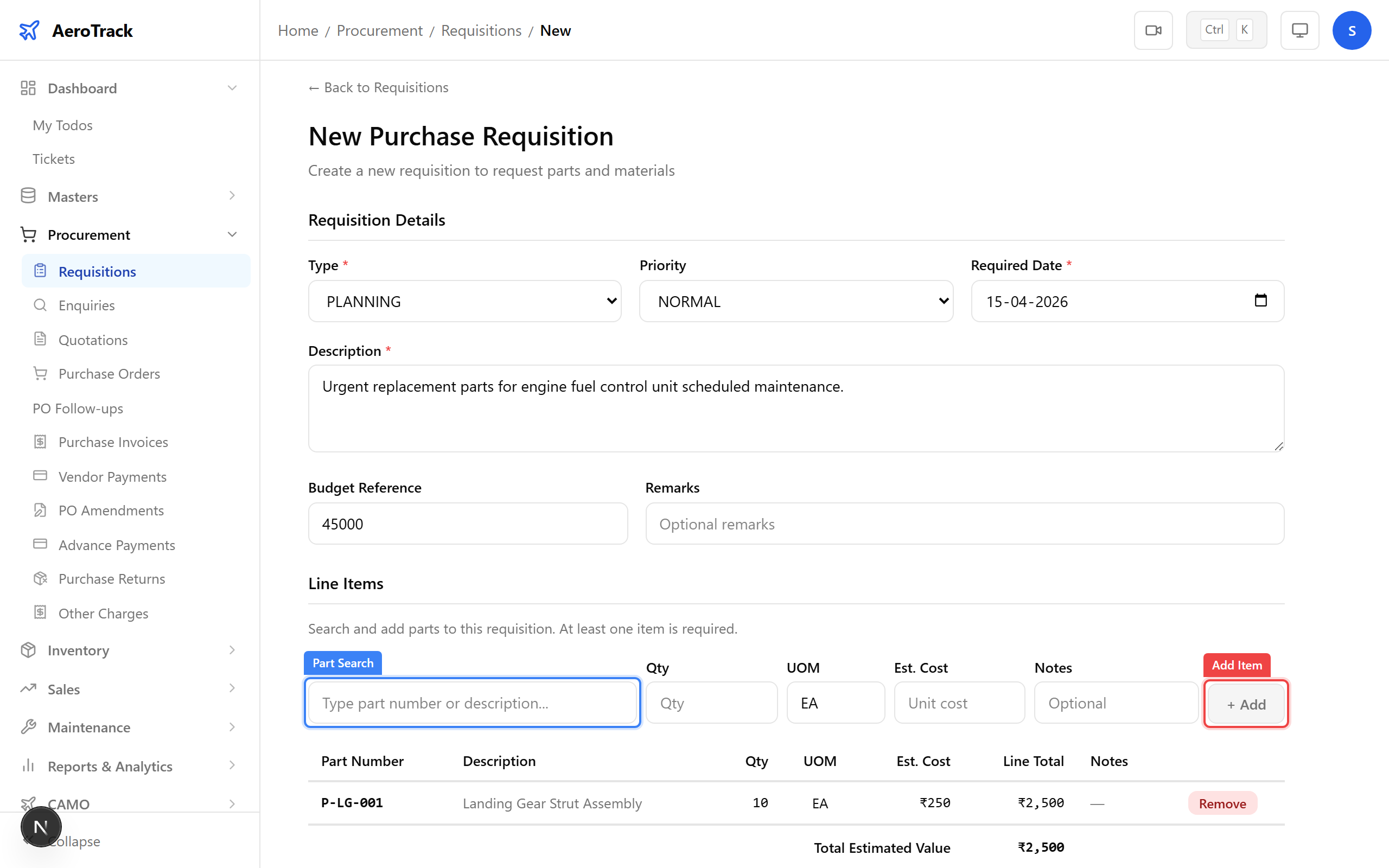 Requisition line items table with part search, quantities, and running total