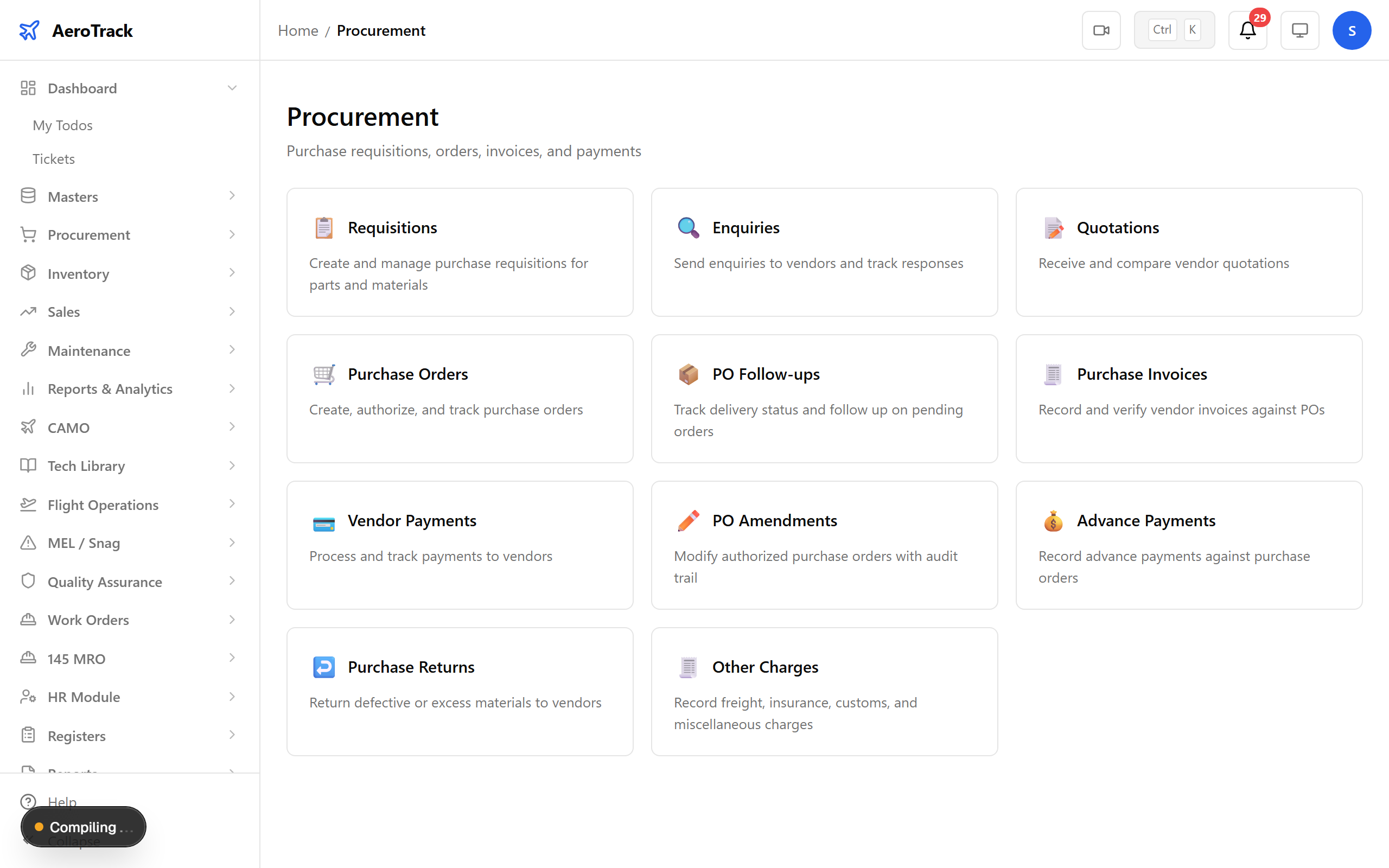 Procurement module landing page