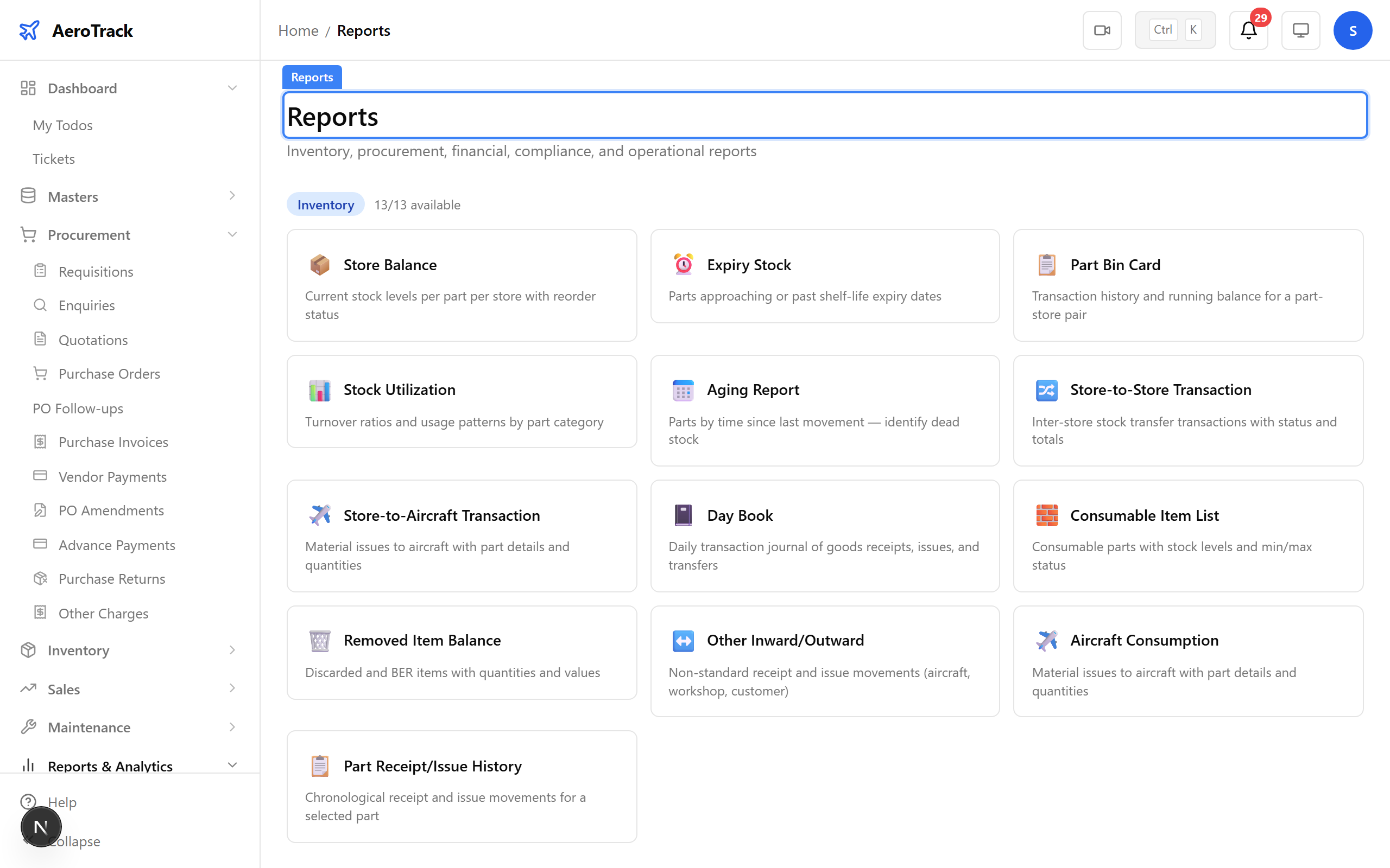 Reports index page with procurement reports highlighted