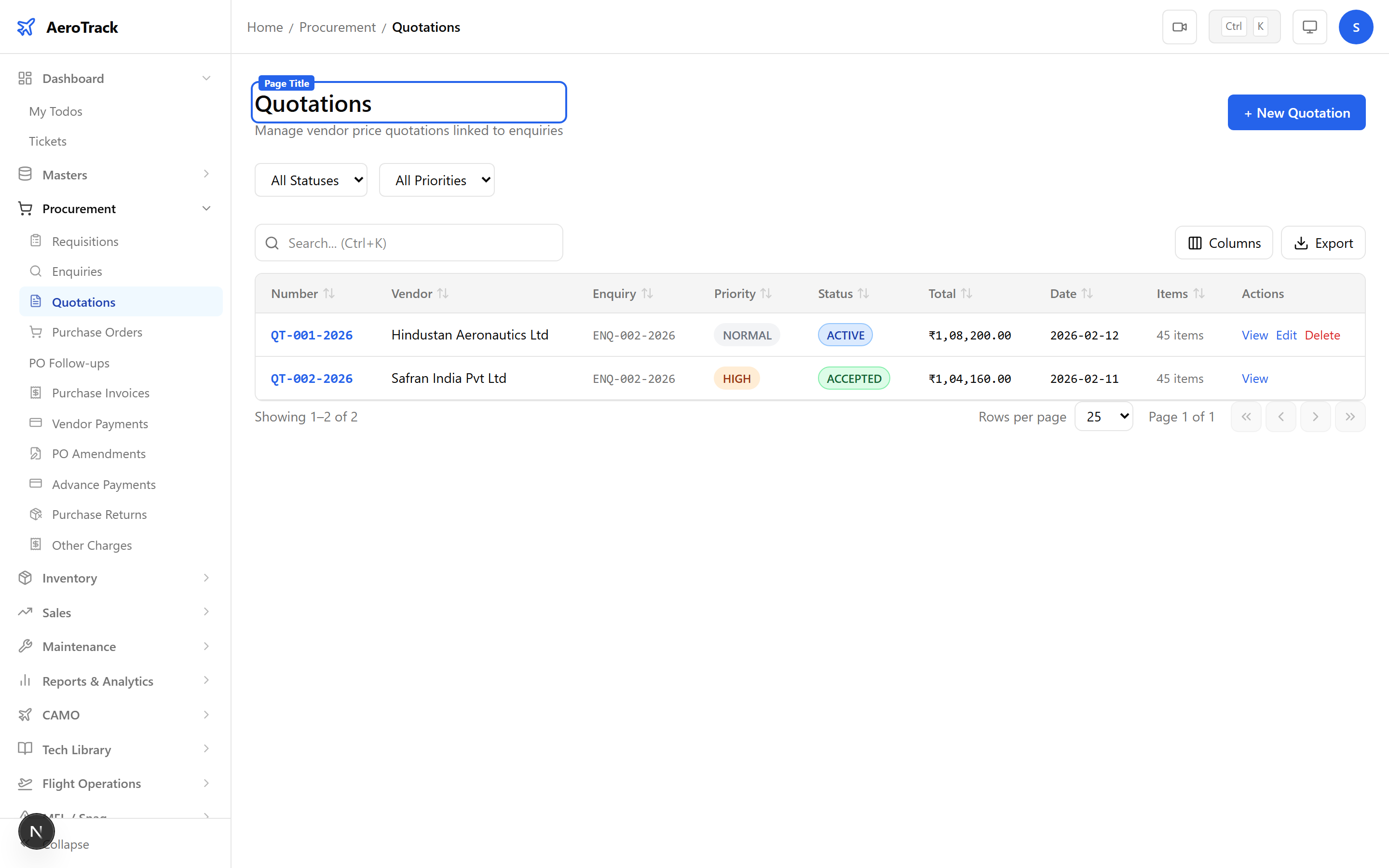 Quotations list showing quotation numbers, vendor names, enquiry references, priority and status badges, and total amounts