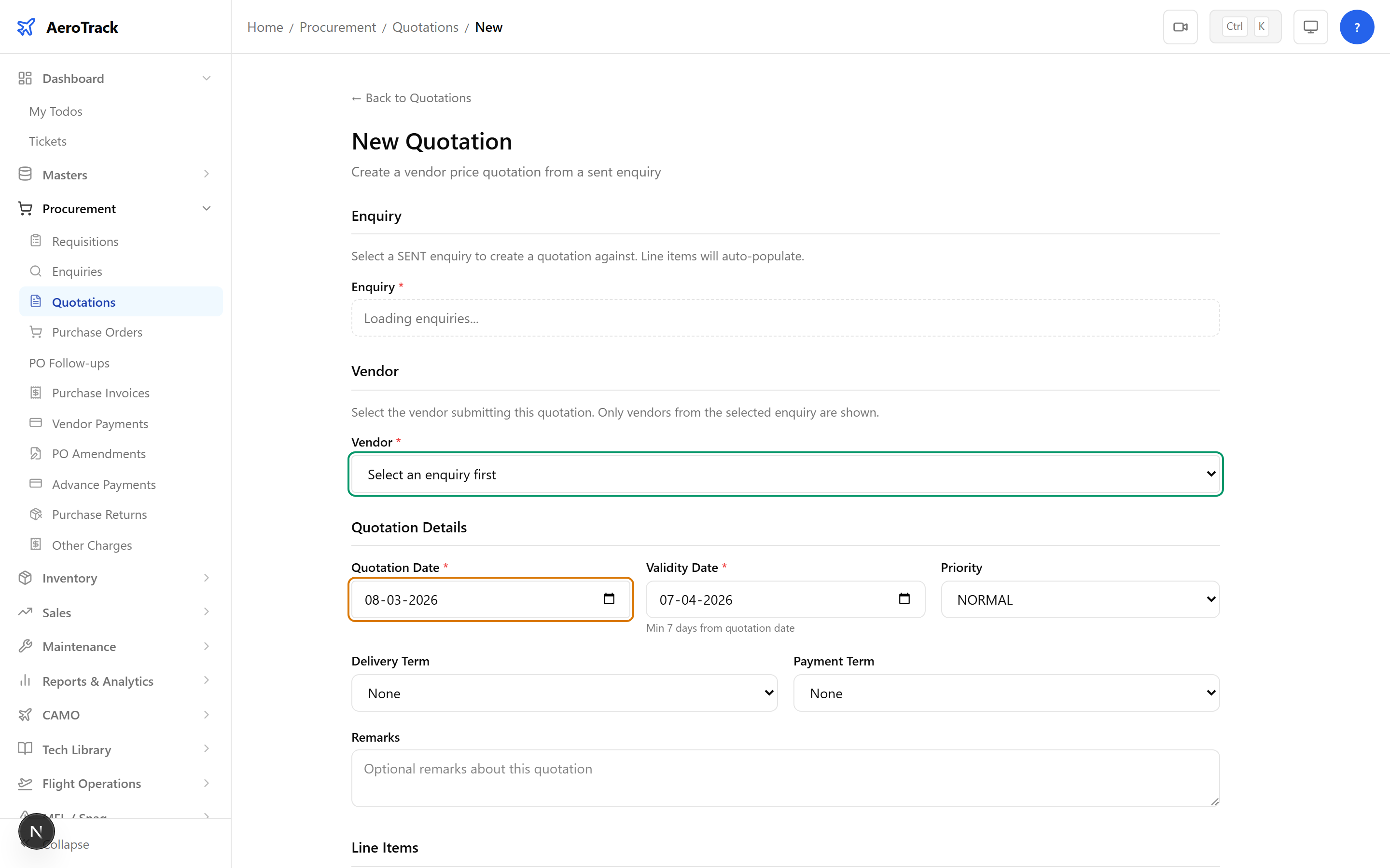 Quotation form with enquiry selector, vendor dropdown, date fields, delivery and payment term selectors