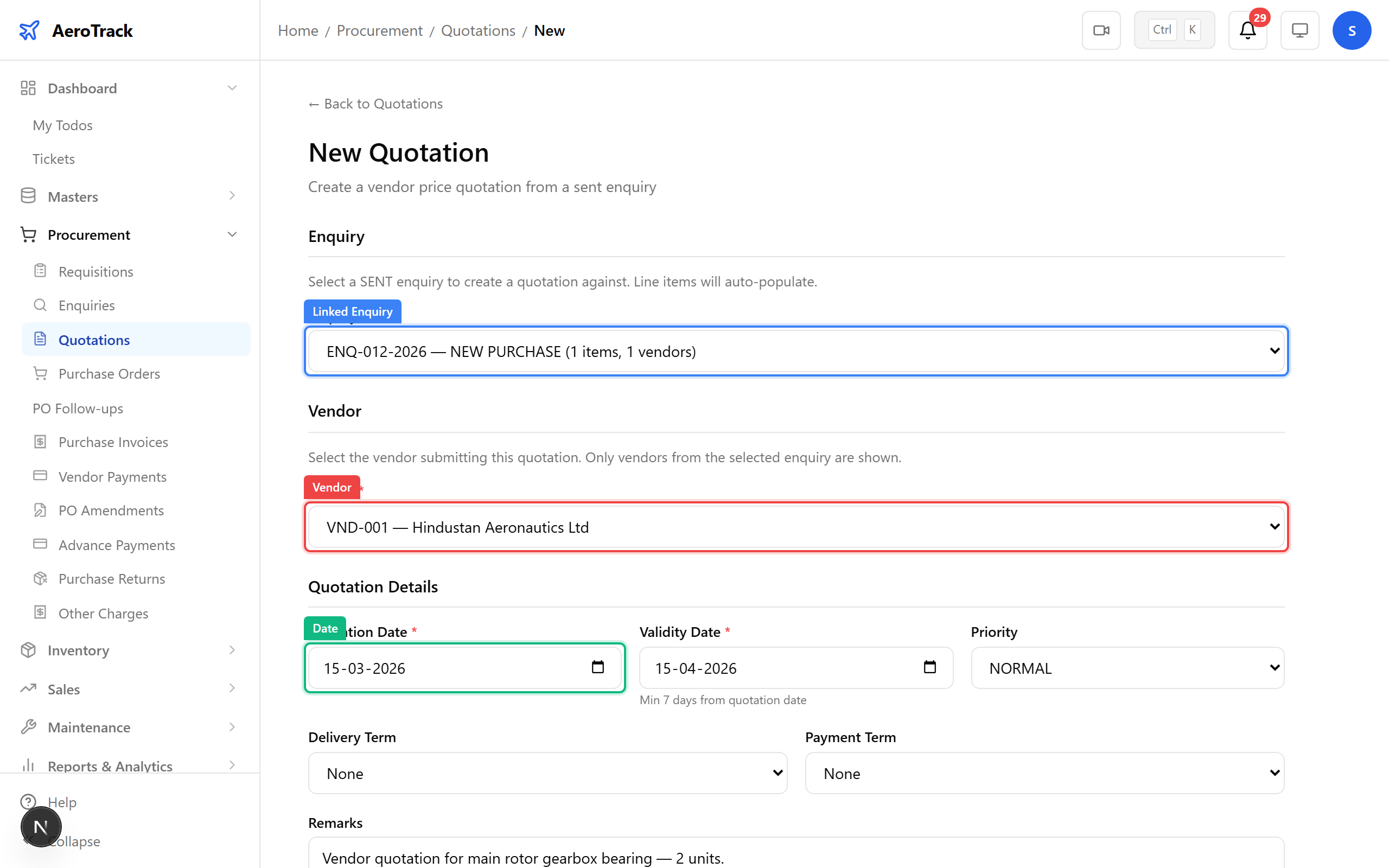 Quotation form linked to enquiry