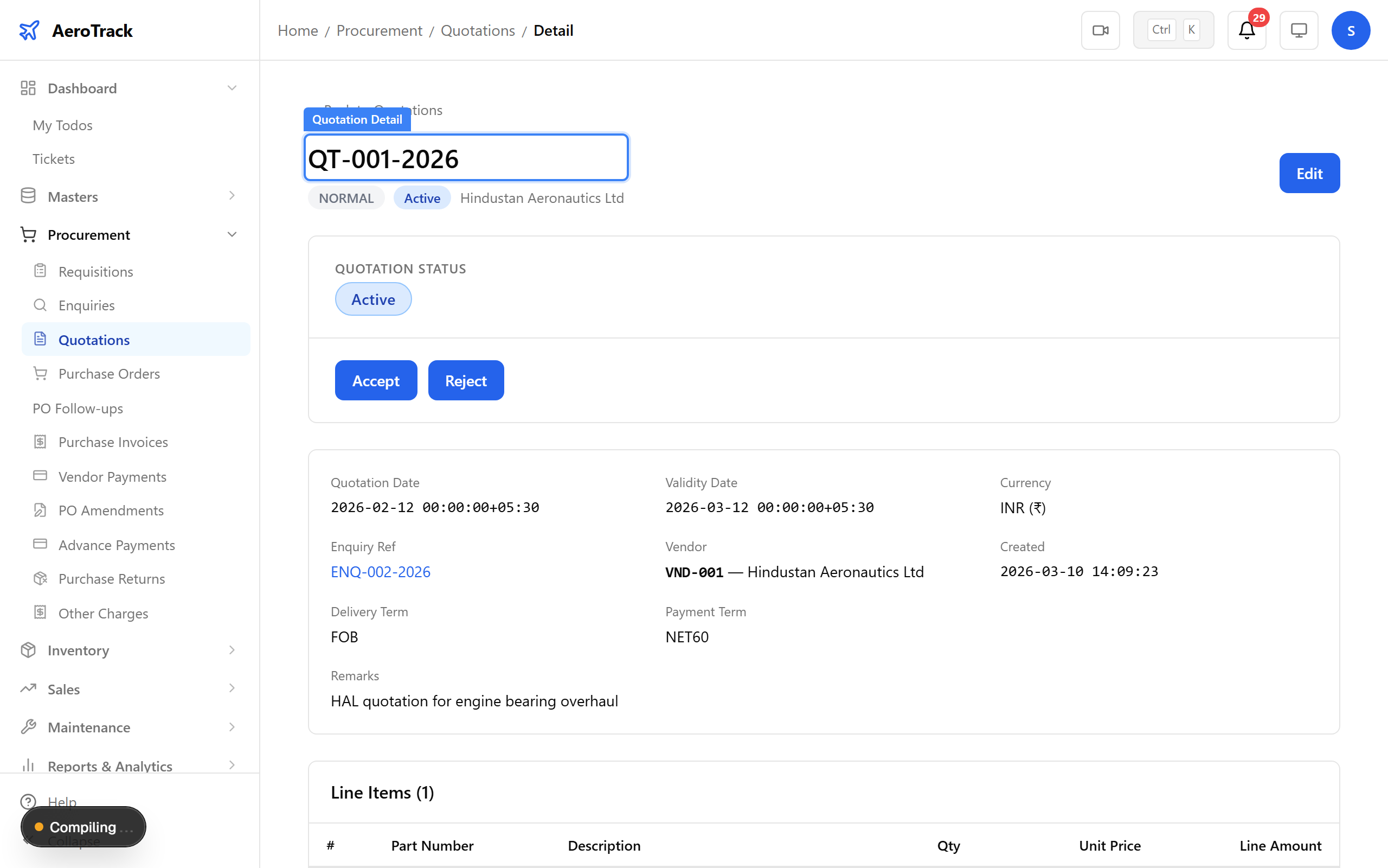 Quotation detail with line items and total