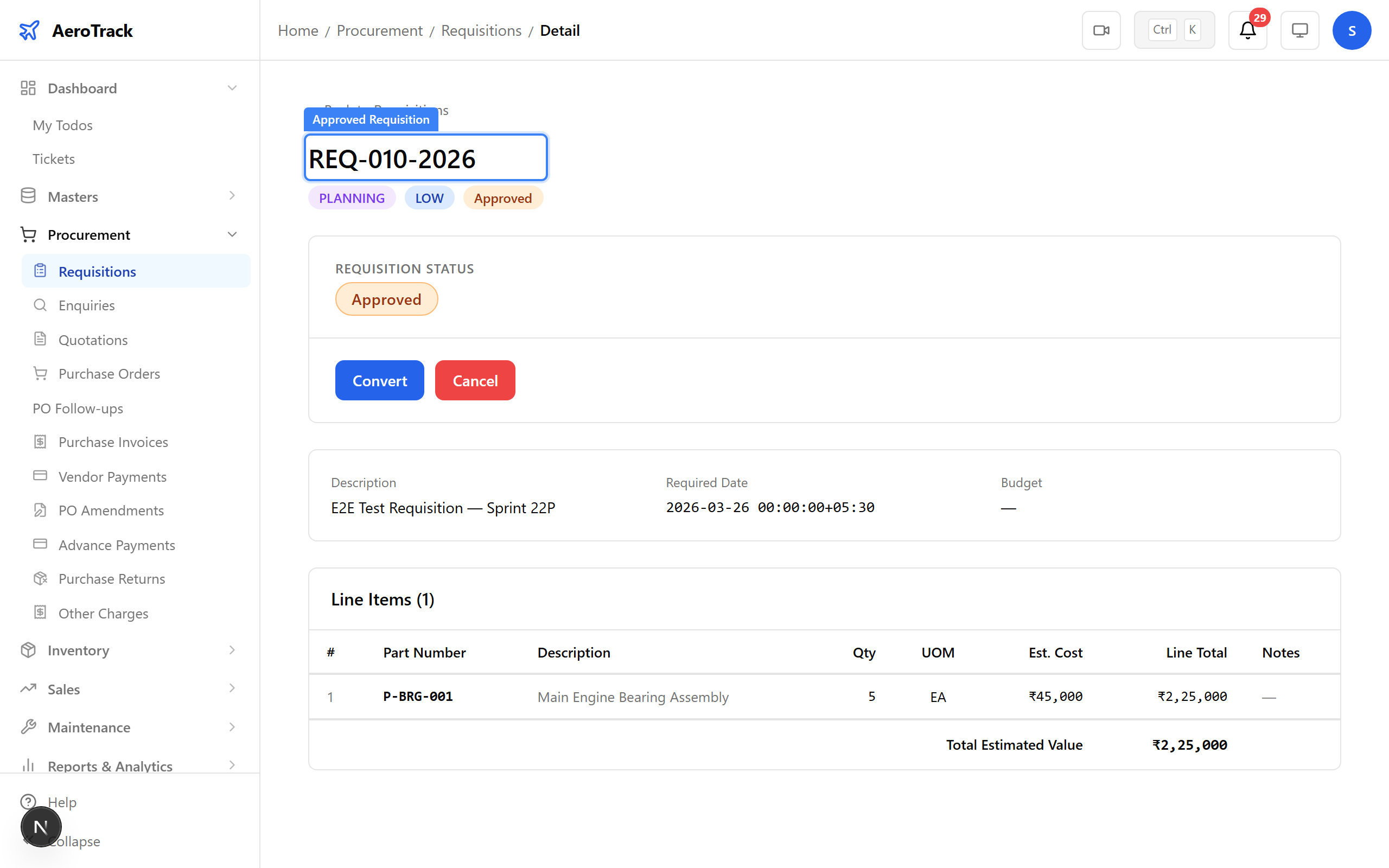 Approved requisition with budget total