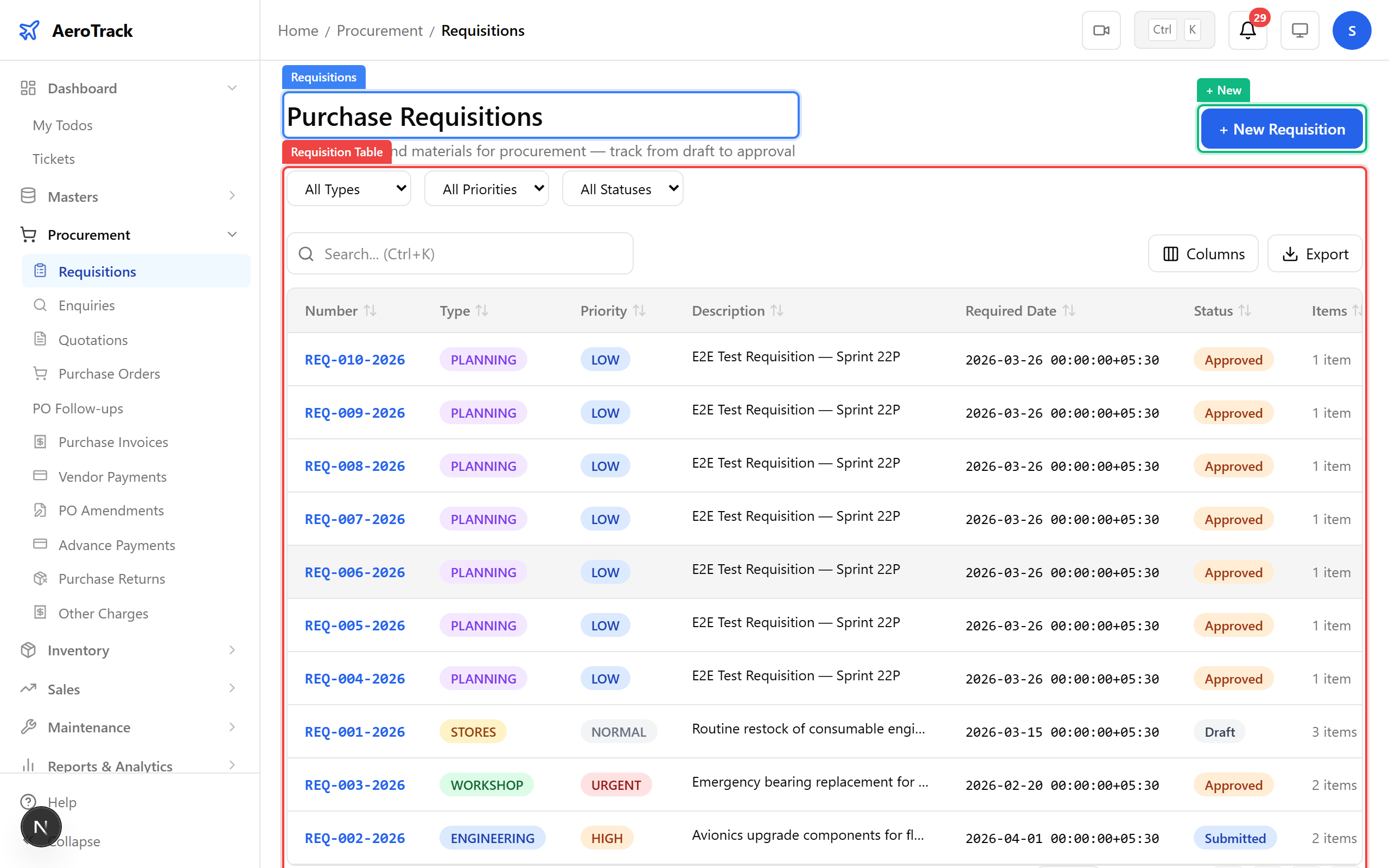 Requisition list with status filters