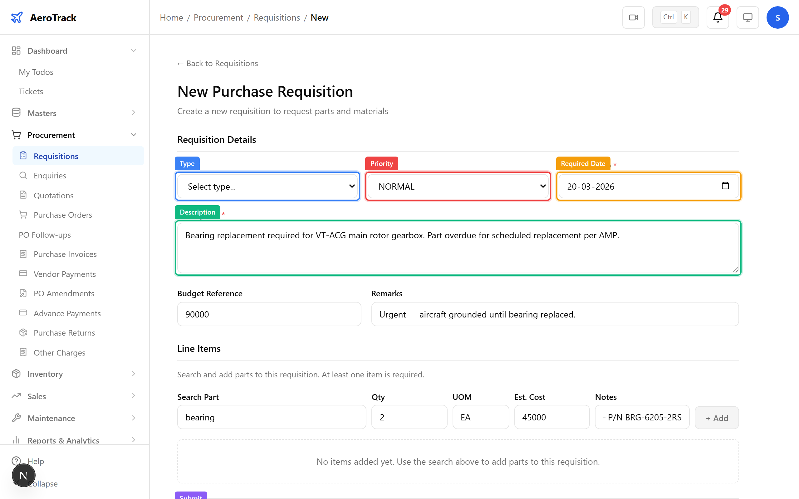 Requisition form with line items