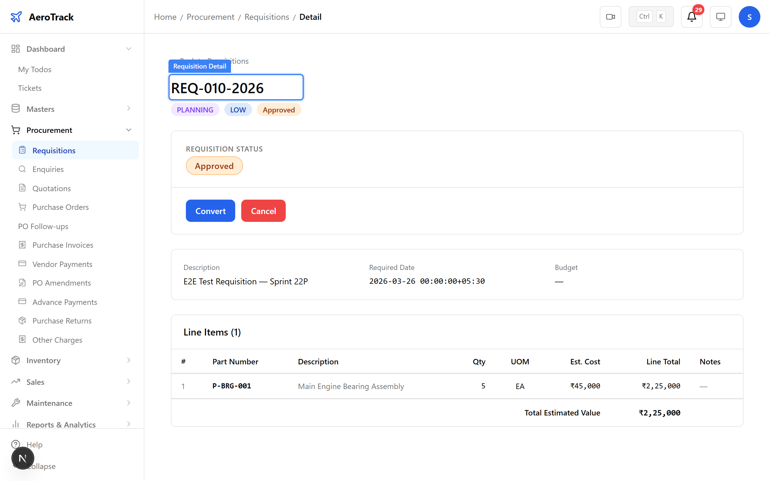 Requisition detail page showing draft status