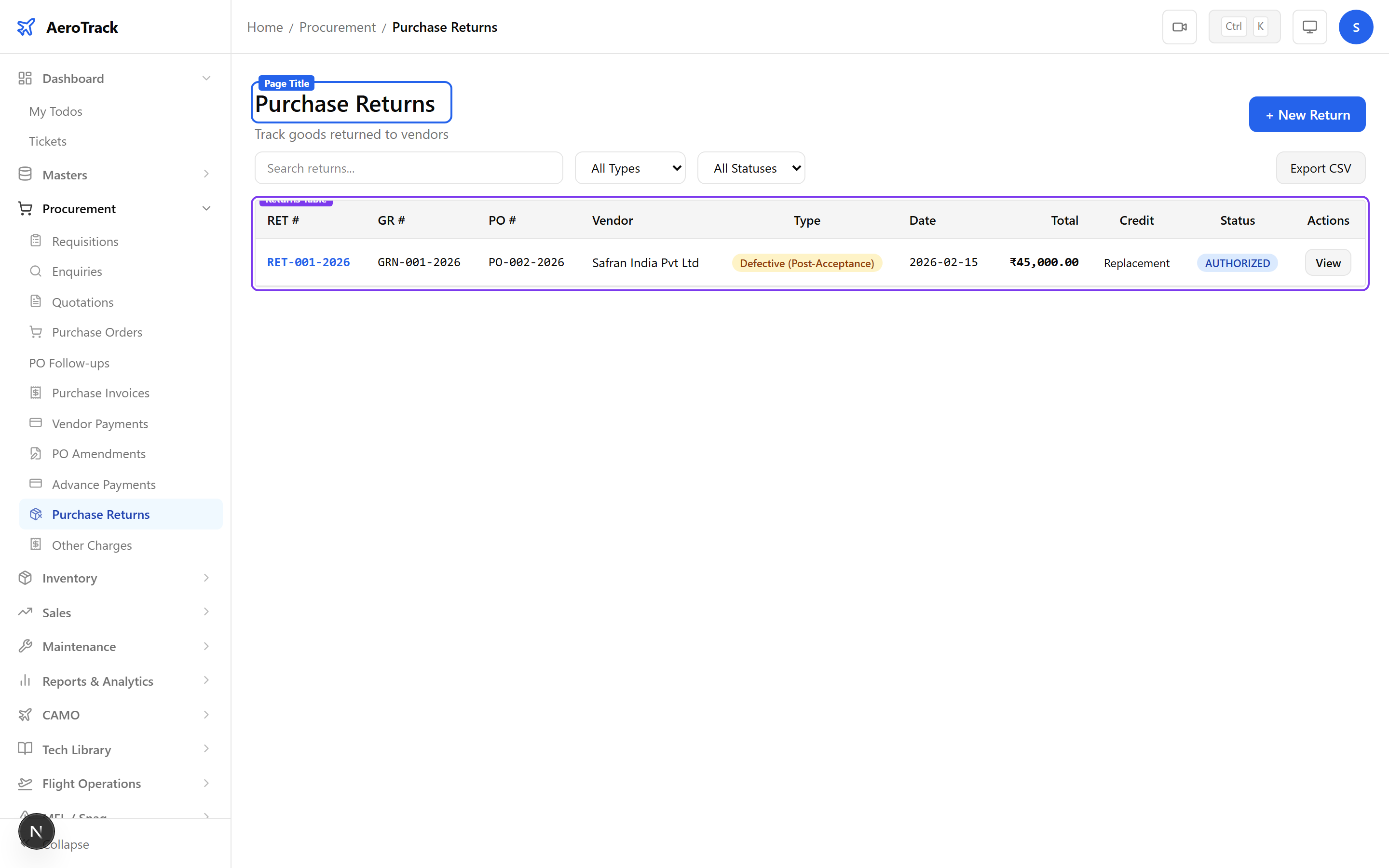 Returns list showing return numbers, GR references, vendors, return type badges, credit expectation, status, and total amounts