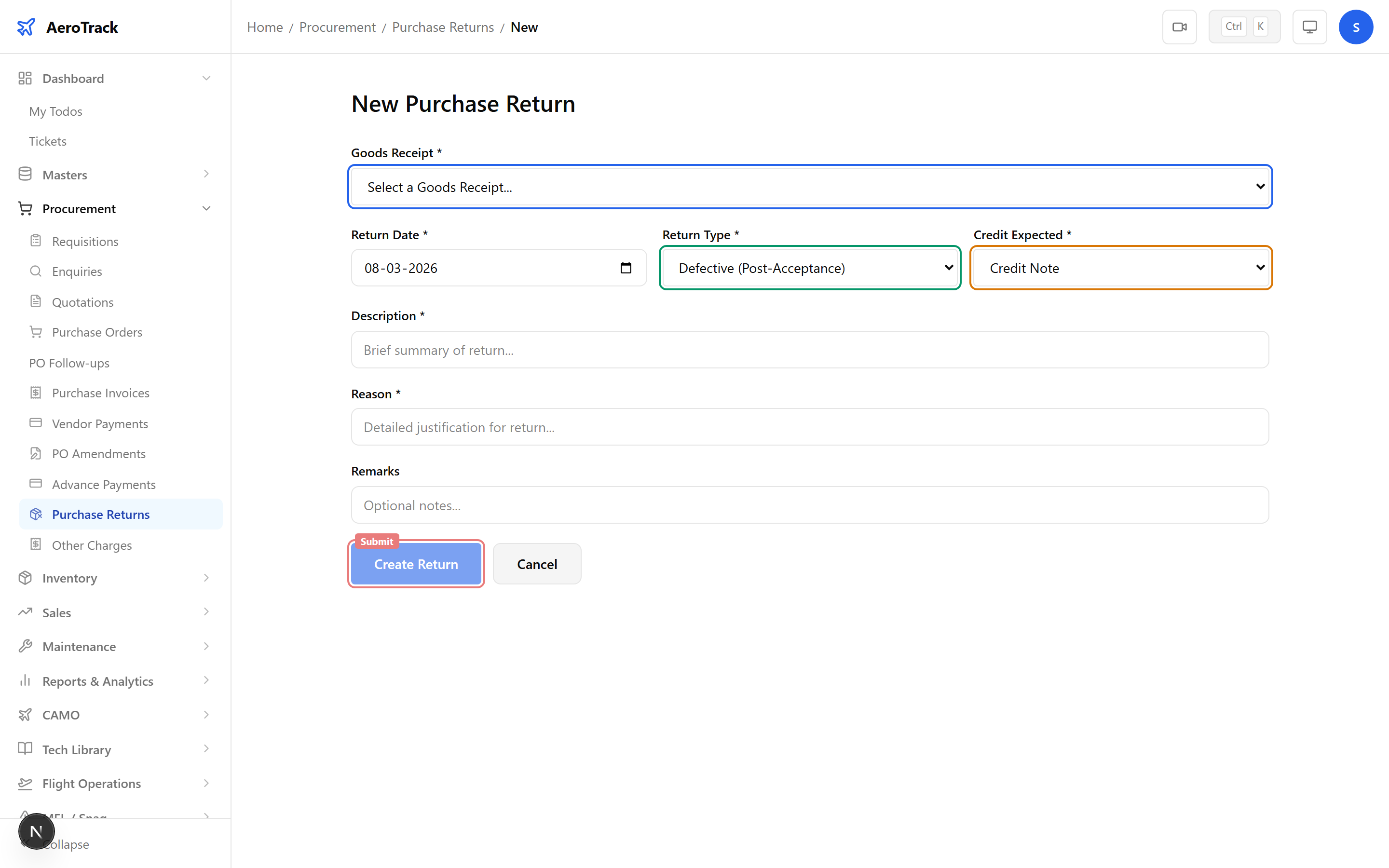 Return form with GR selector showing GR info, return type and credit expectation dropdowns, date picker, and description fields