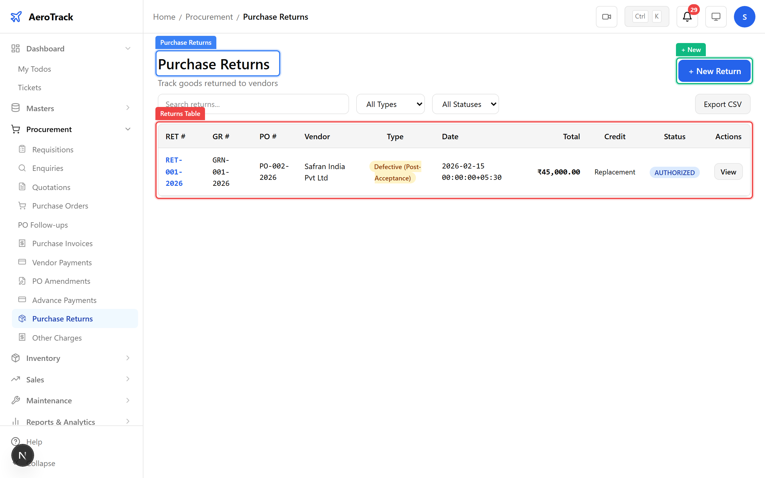 Purchase returns list
