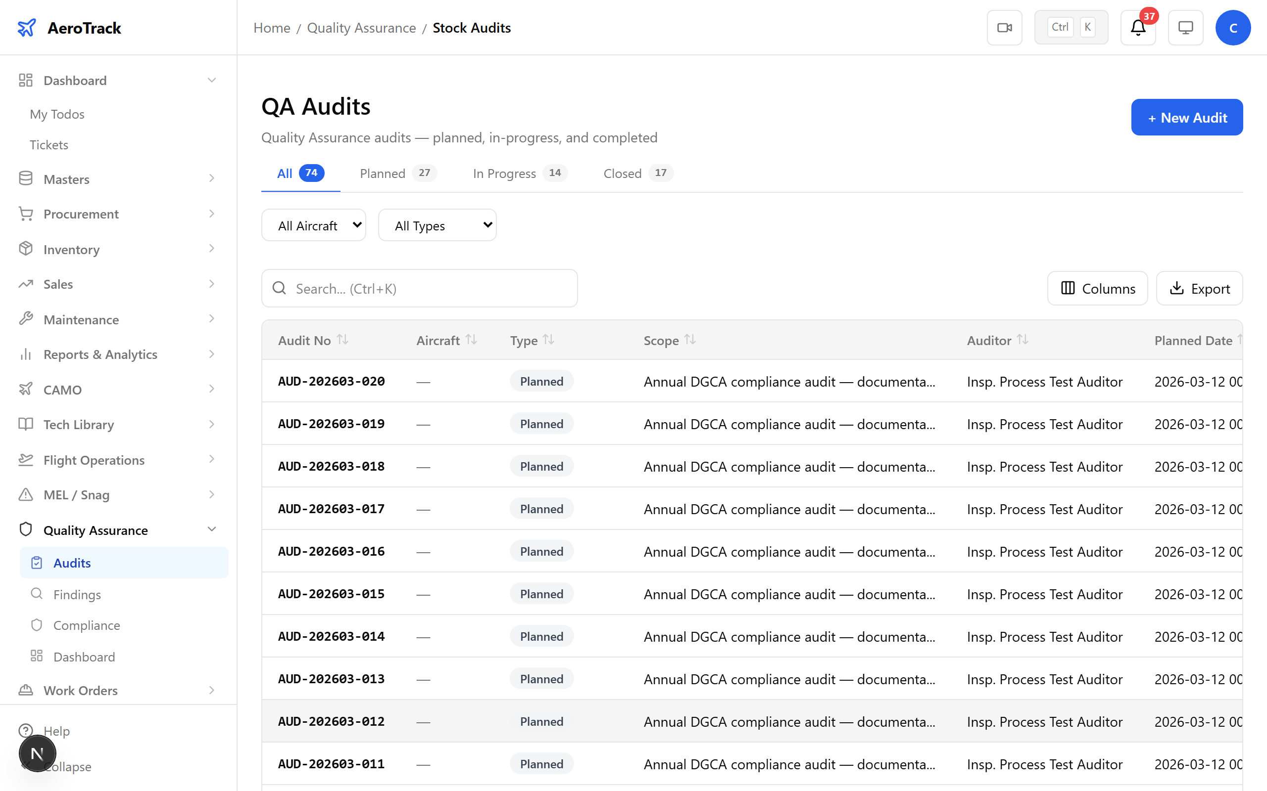Audit detail showing IN_PROGRESS status