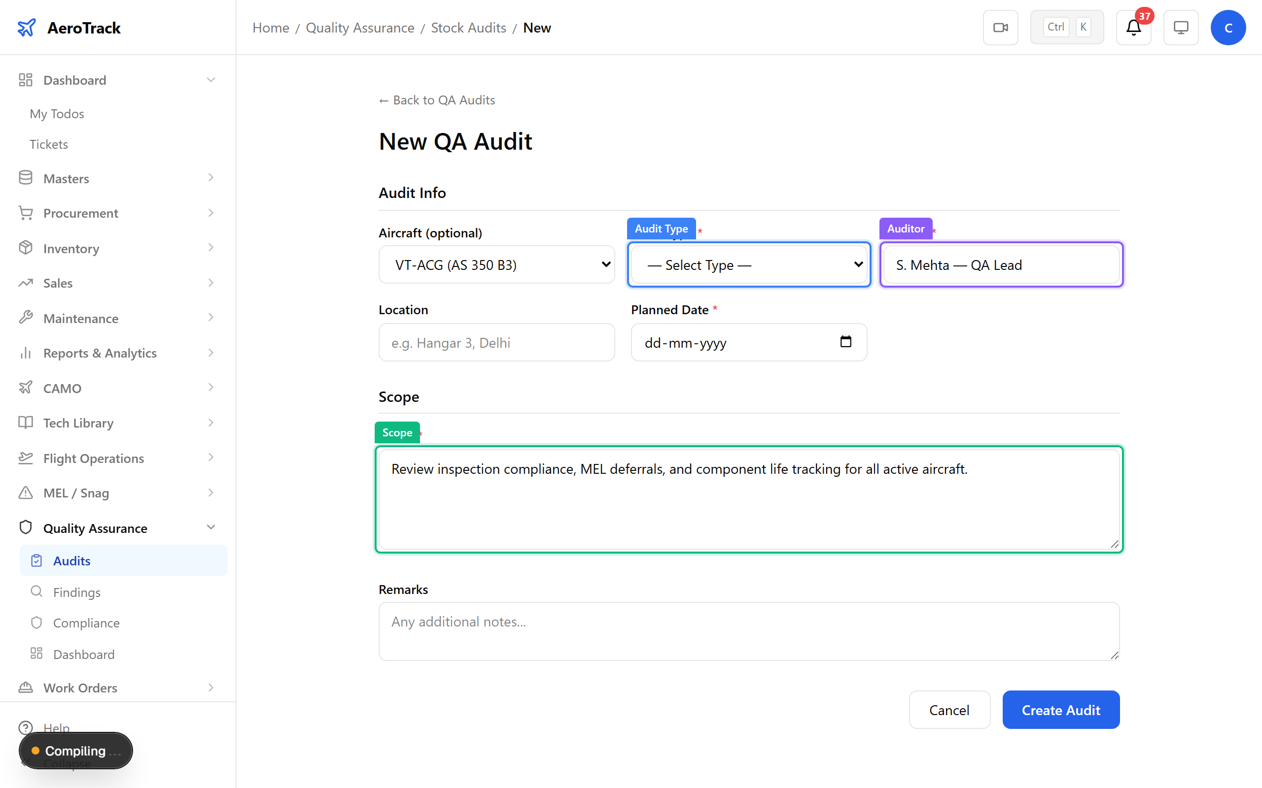 Audit creation form with all fields filled