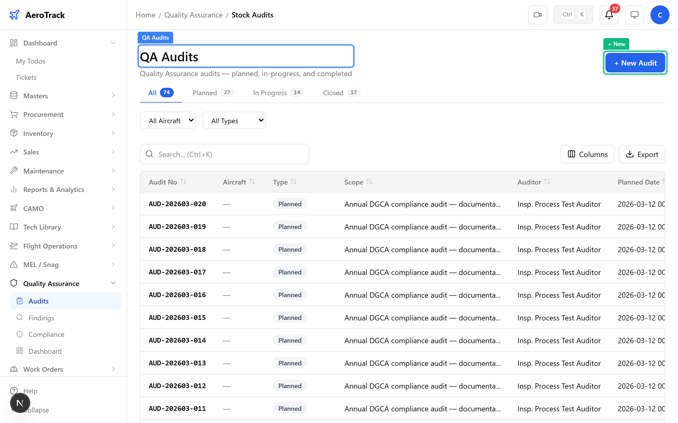 Quality audits list with status badges