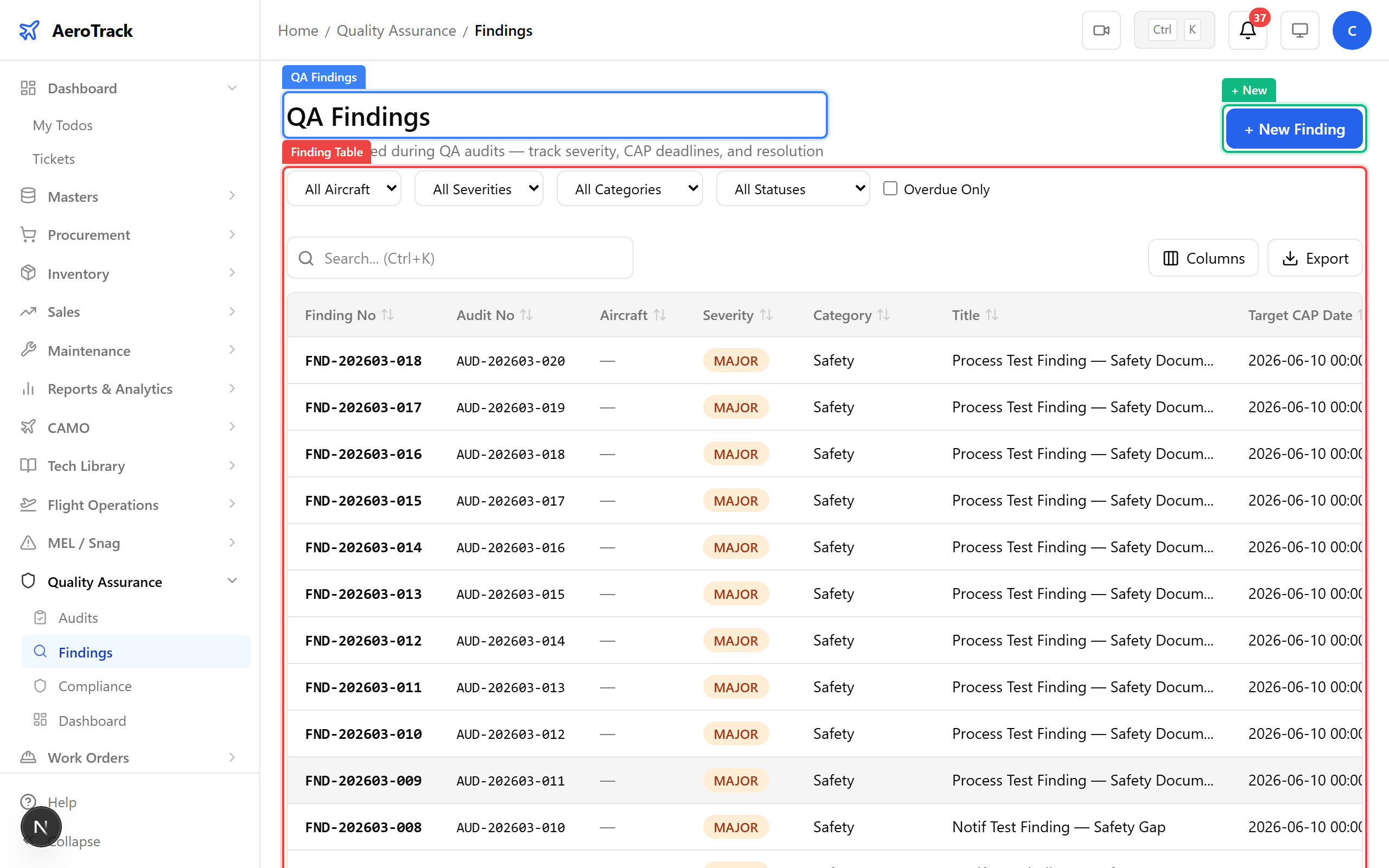 Findings list with status and severity