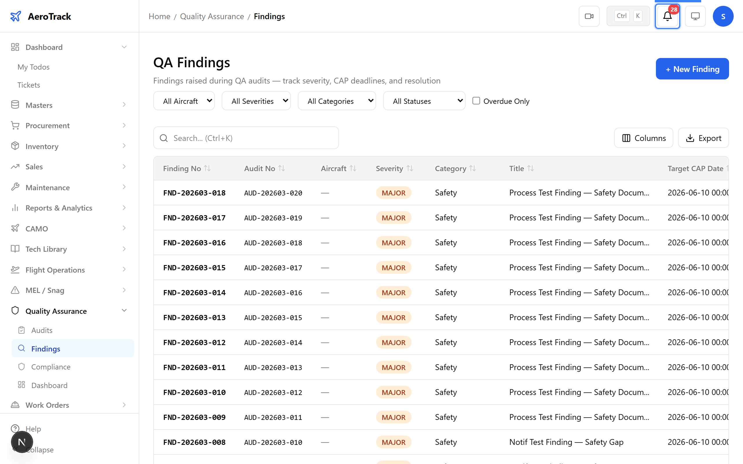 Notification bell showing finding alert