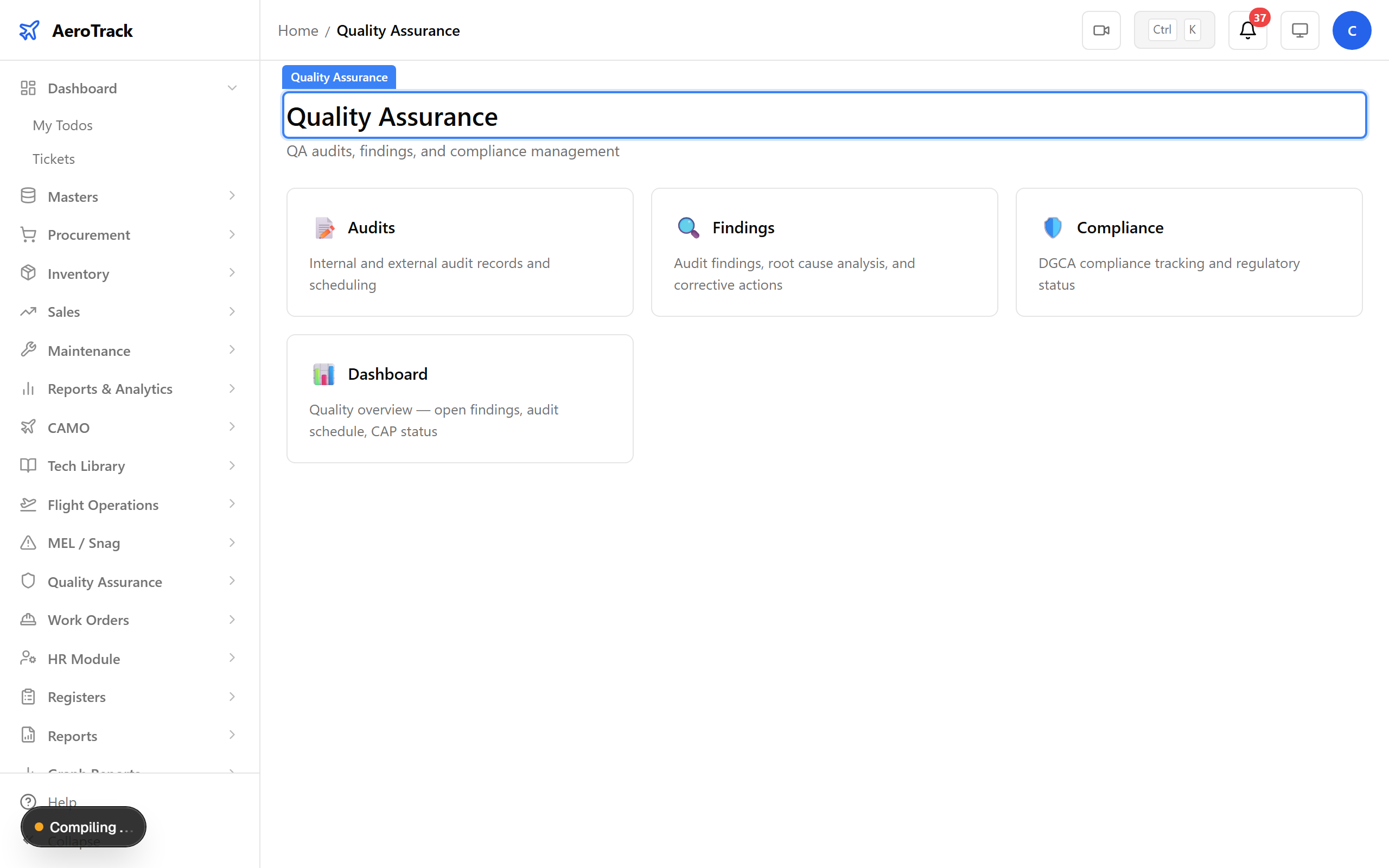 Quality Assurance module landing page