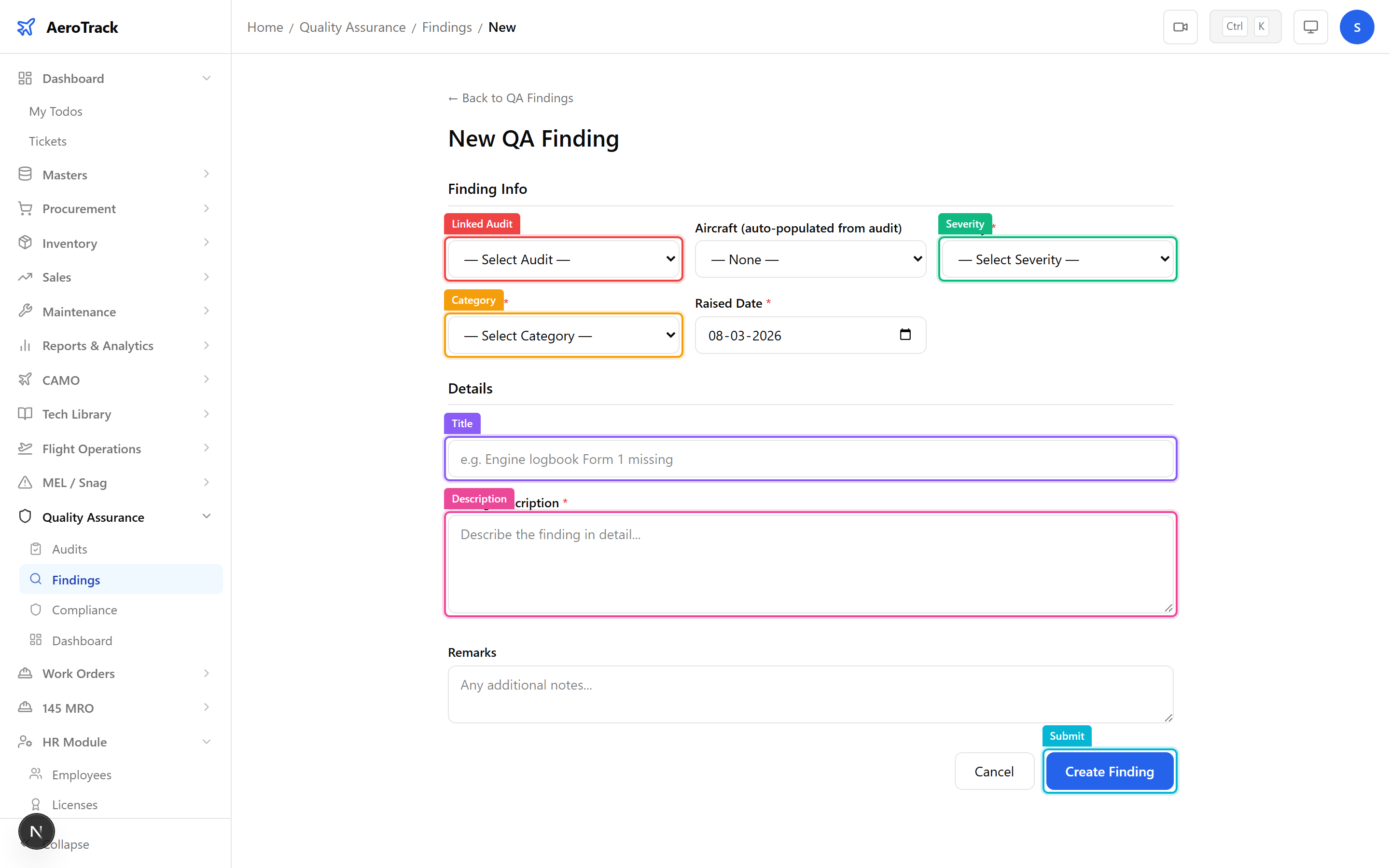 New finding form with audit, aircraft, severity, category, title, and description fields