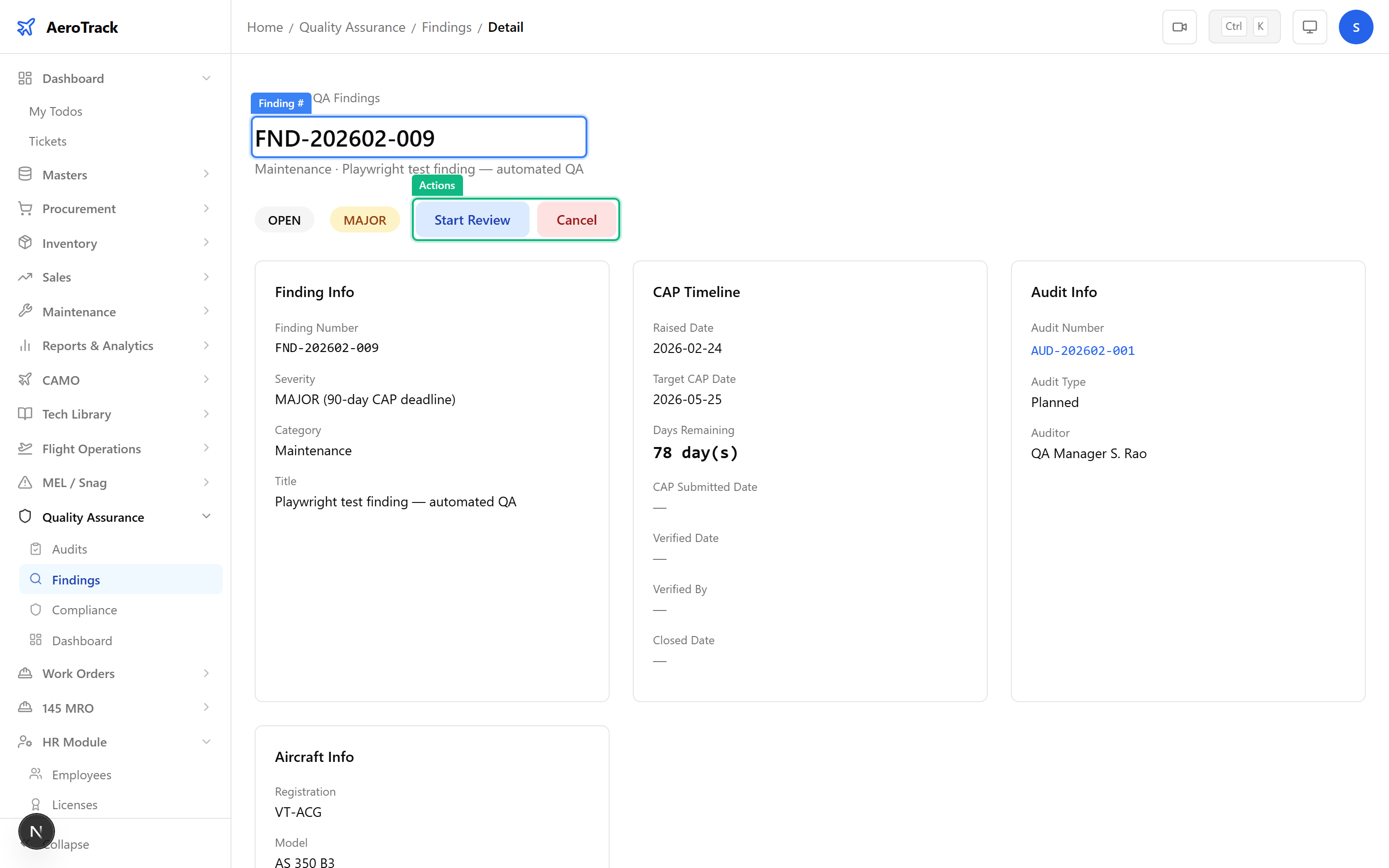 Finding detail with severity, description, compliance items section, and workflow buttons