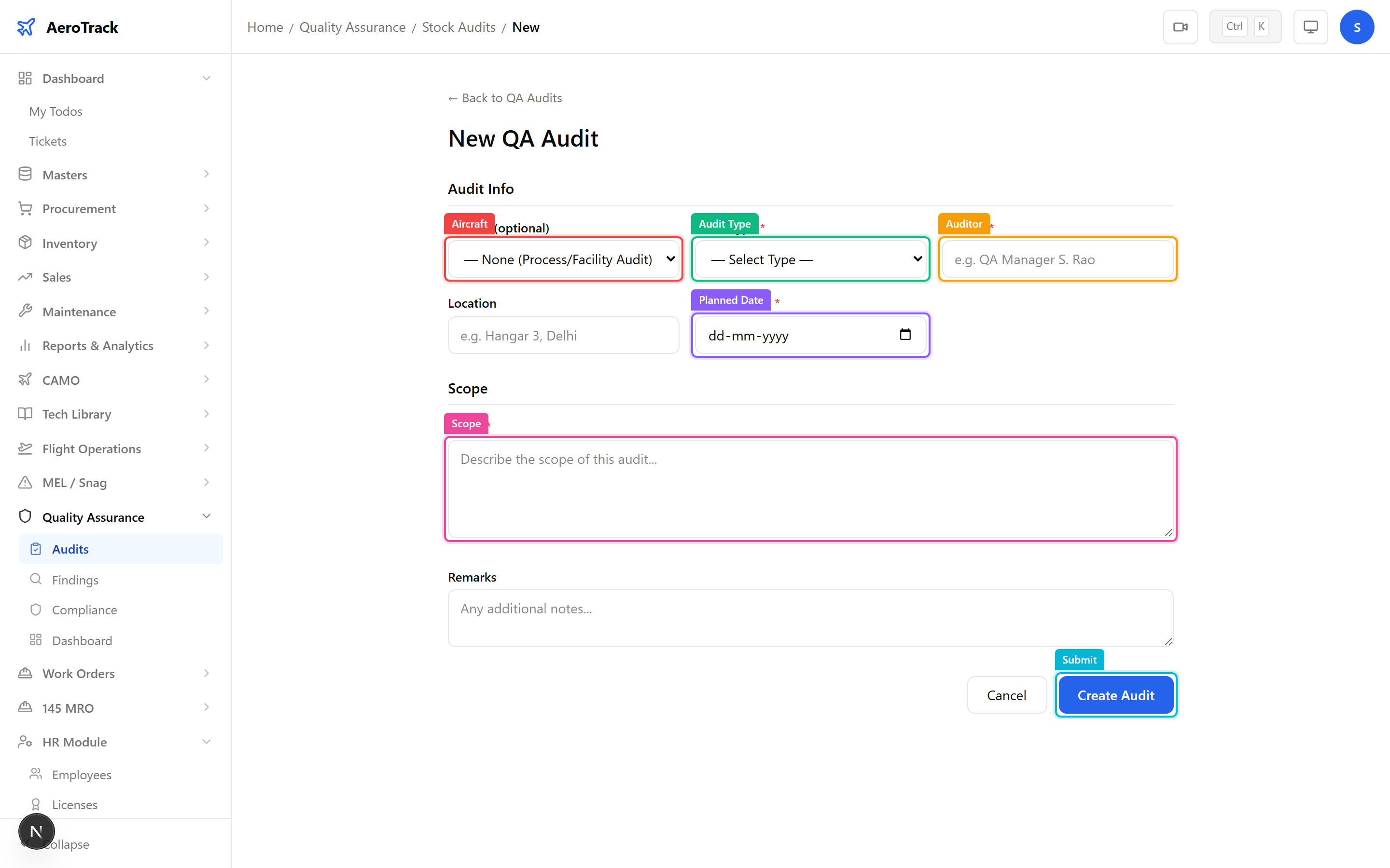 New audit form with aircraft, type, auditor, location, date, and scope fields