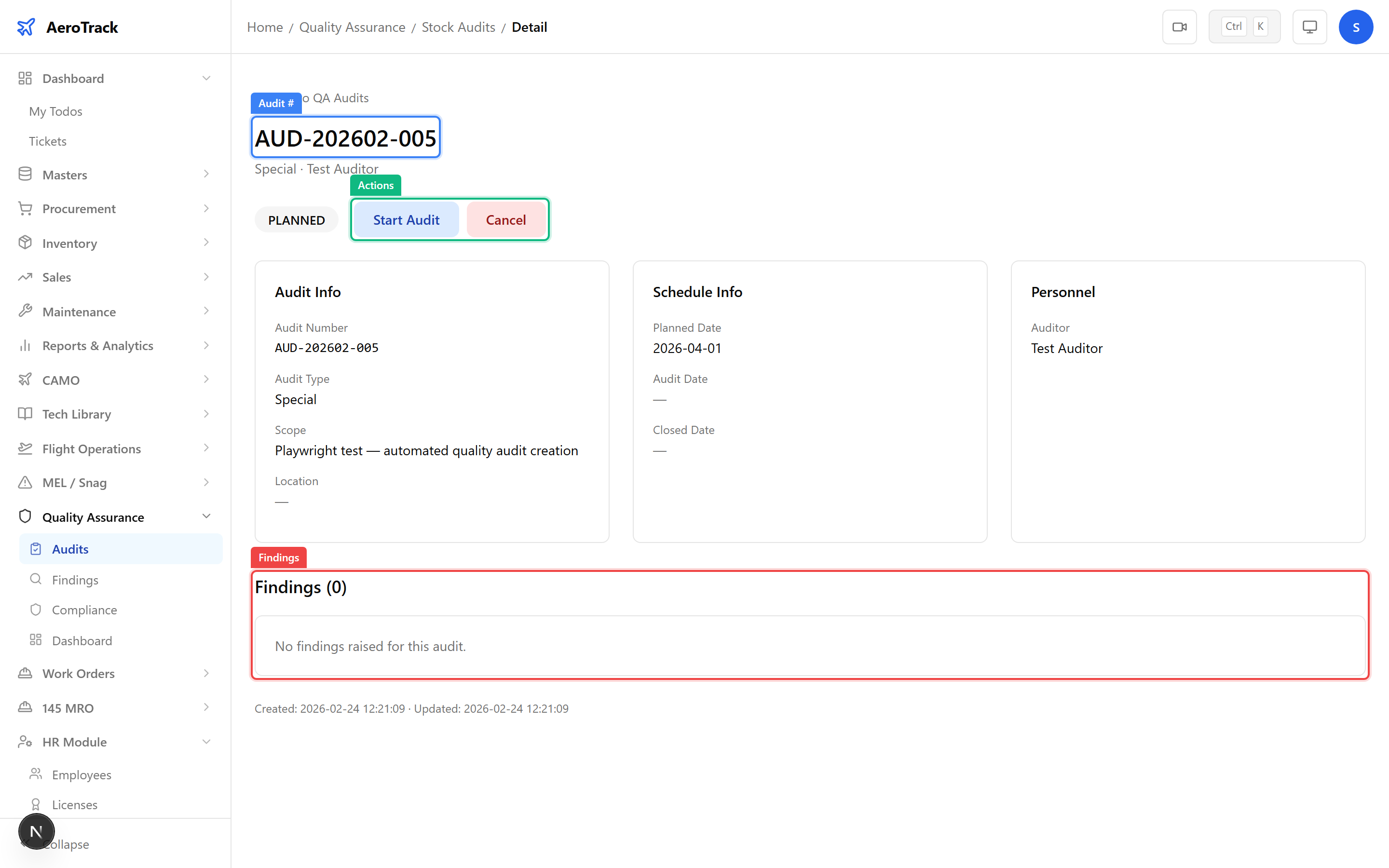 Audit detail page with status, findings section, and raise finding button