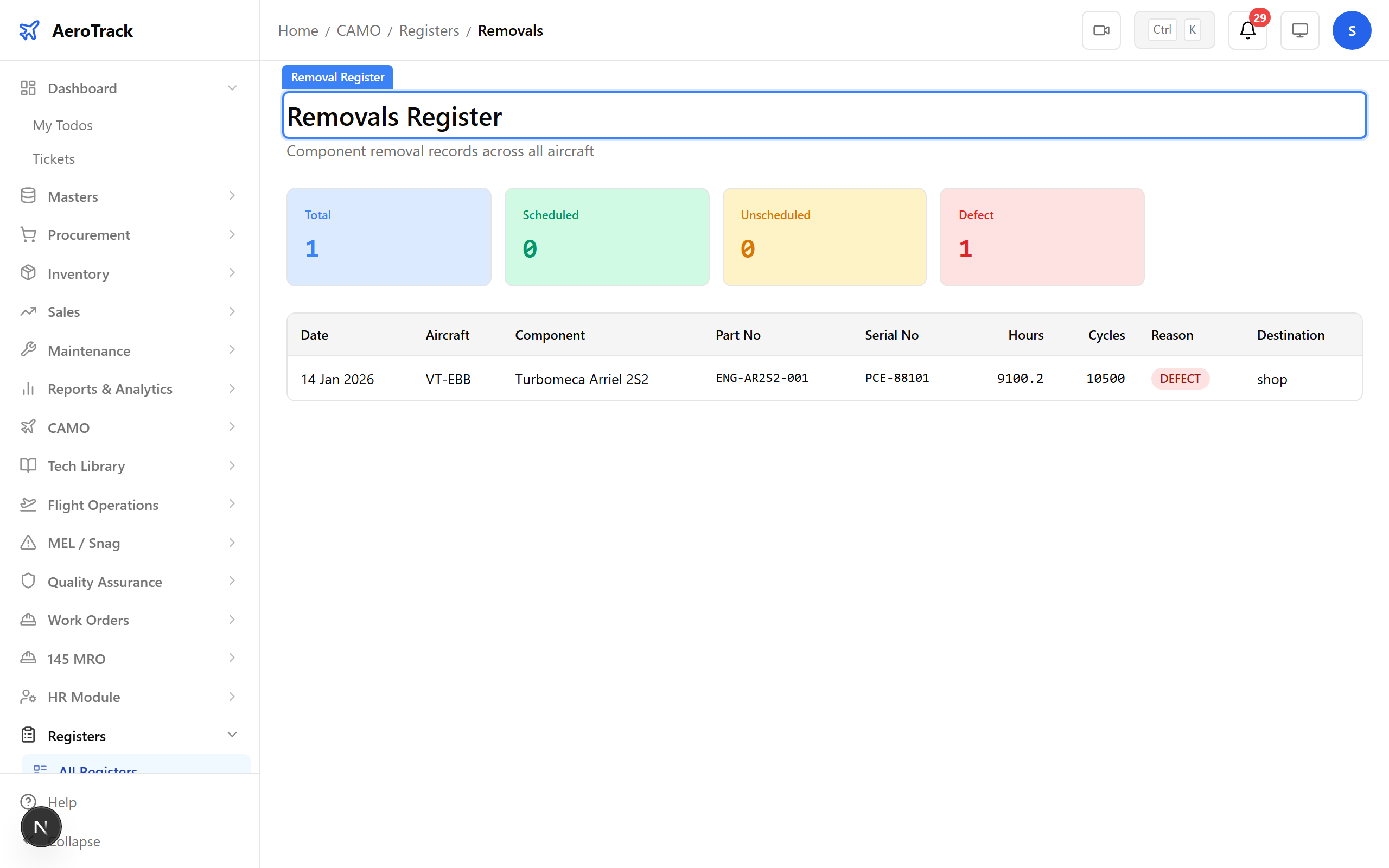 Removal register for components