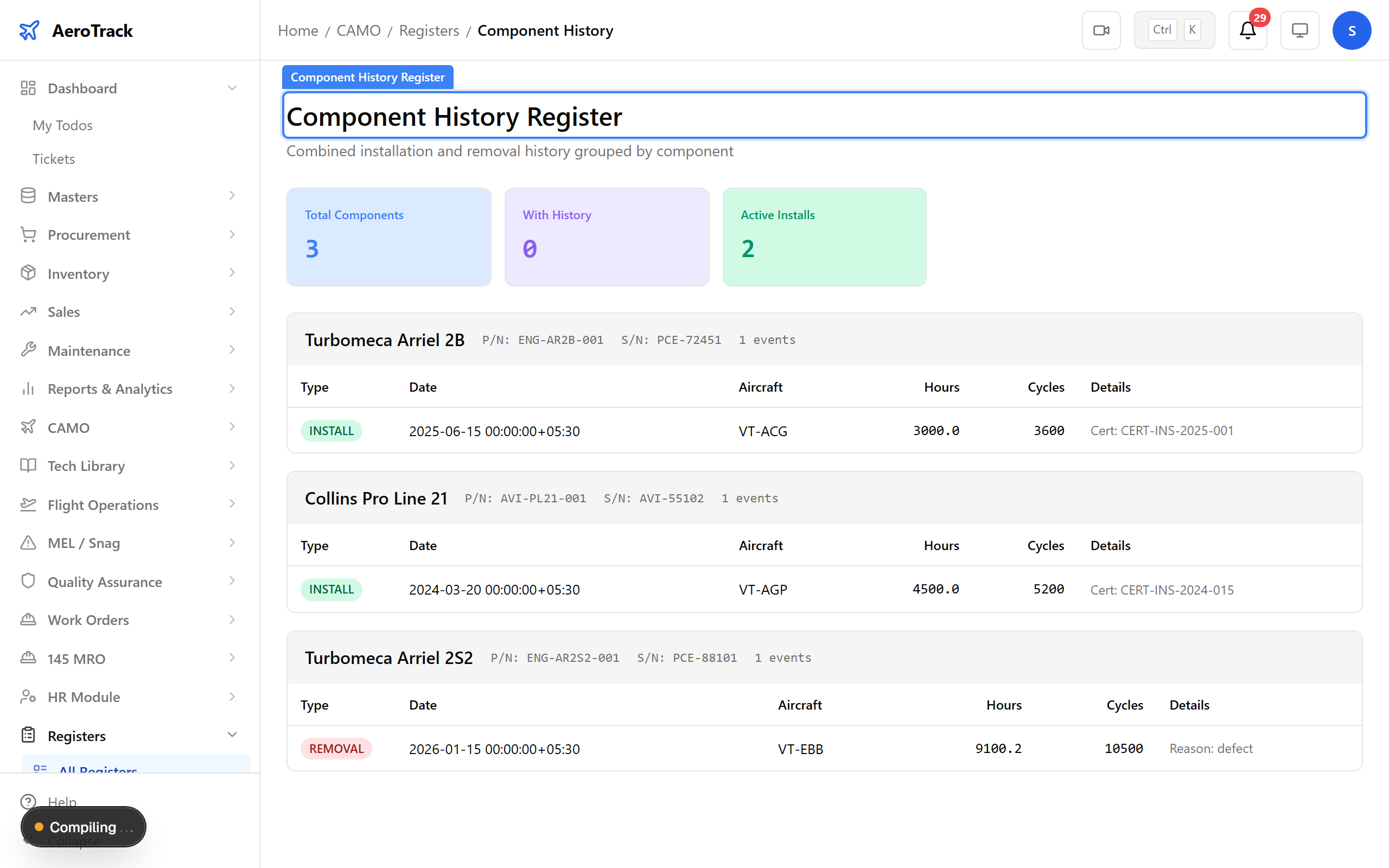 Component history register for engines