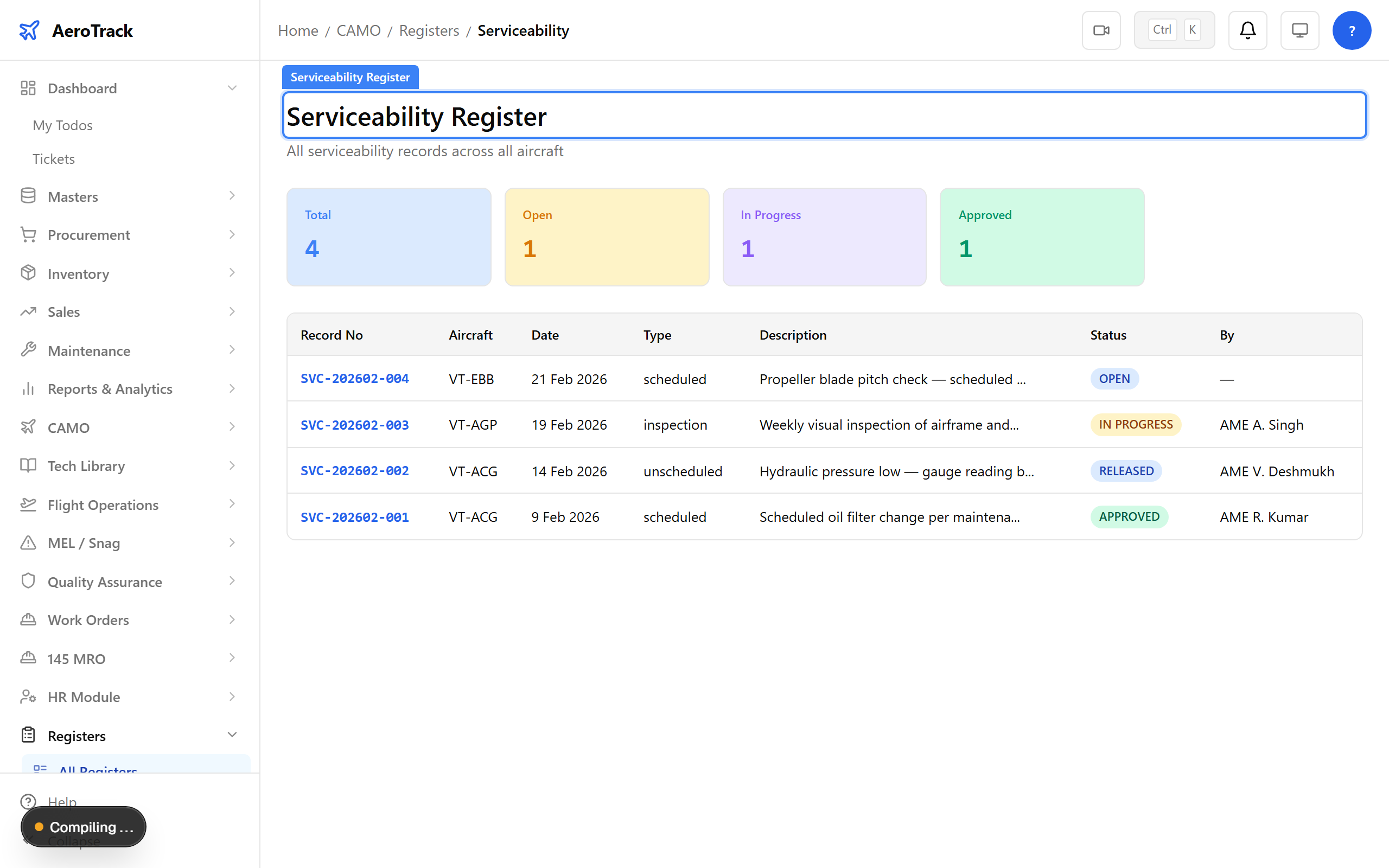 Serviceability register