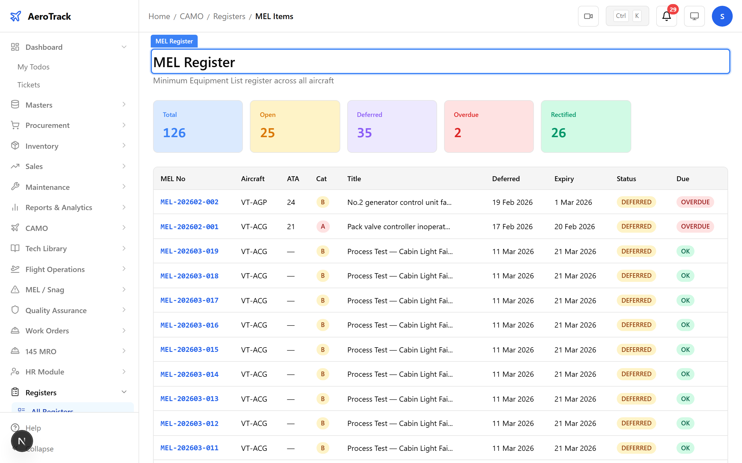 MEL register with deferred defects