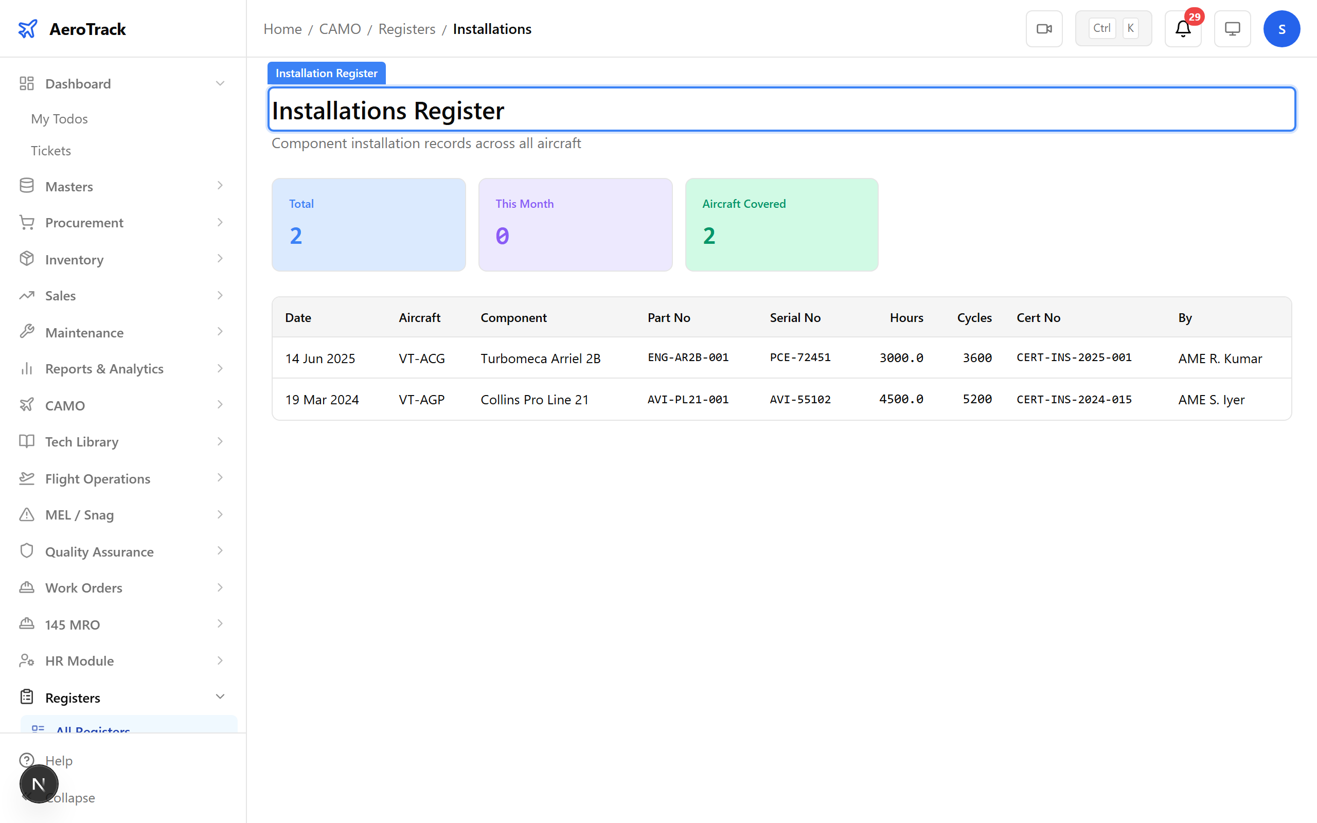 Installation register for propellers and APUs