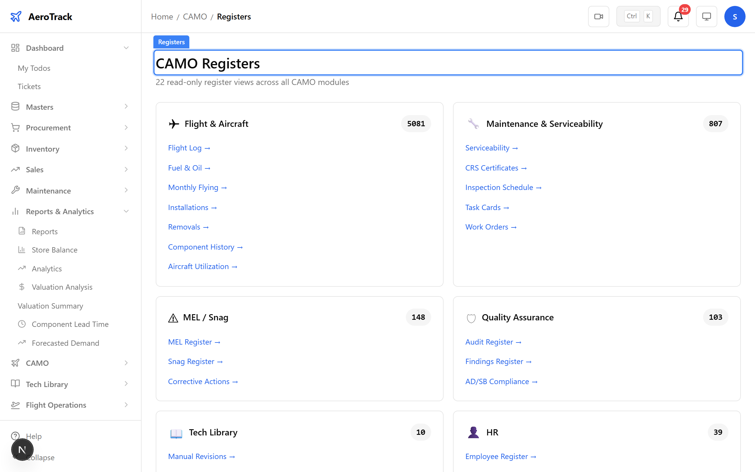 Register index — all 22 types