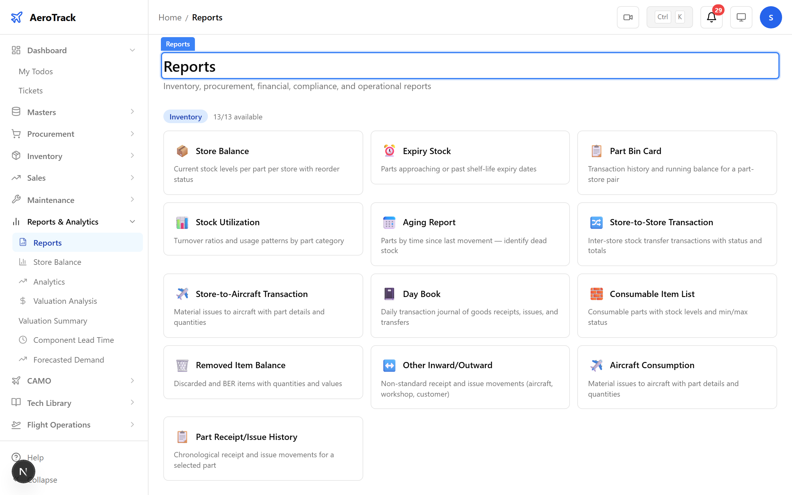 Reports index with 39+ report types