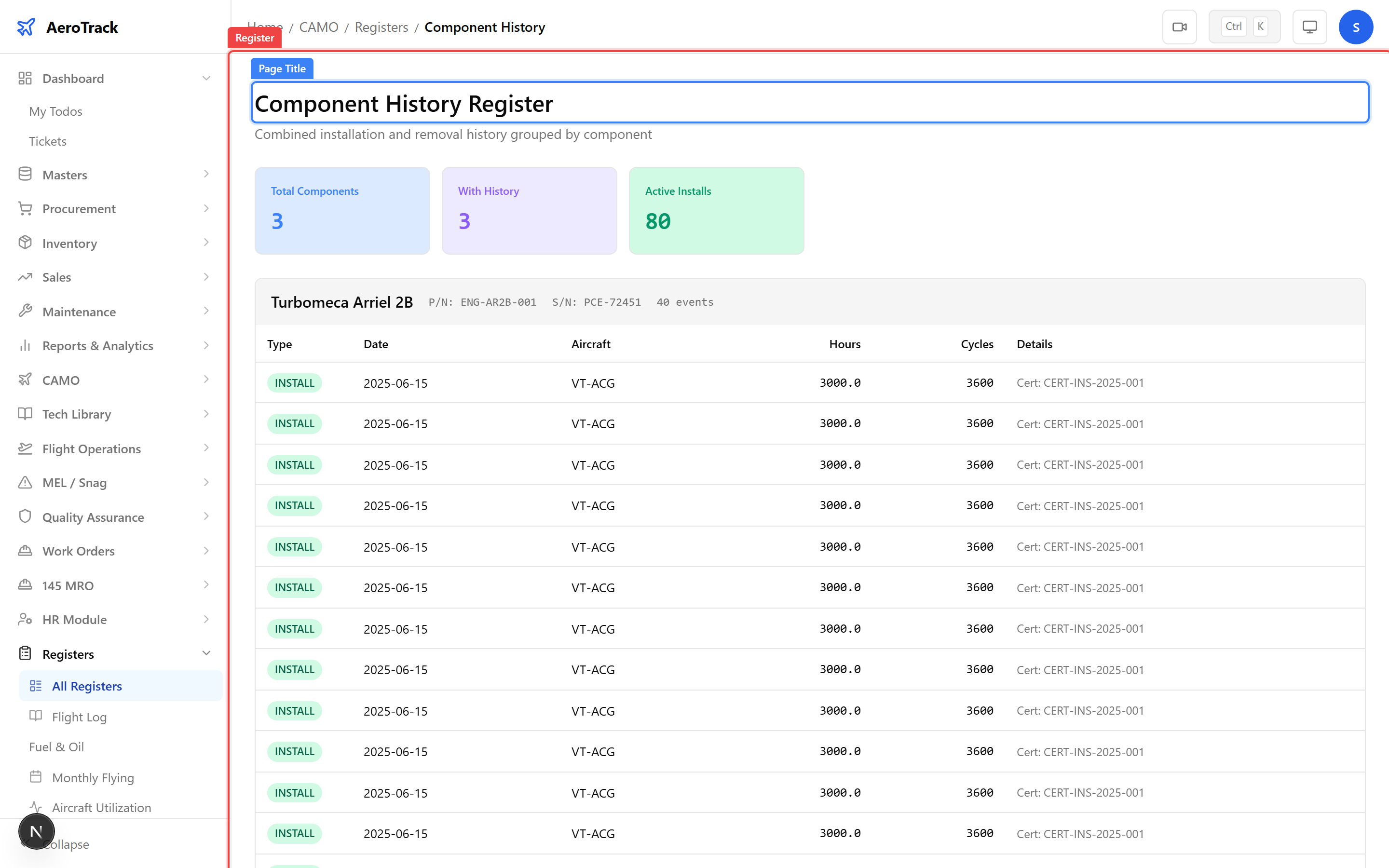 Component History Register with part number, serial number, aircraft, position, and hours columns