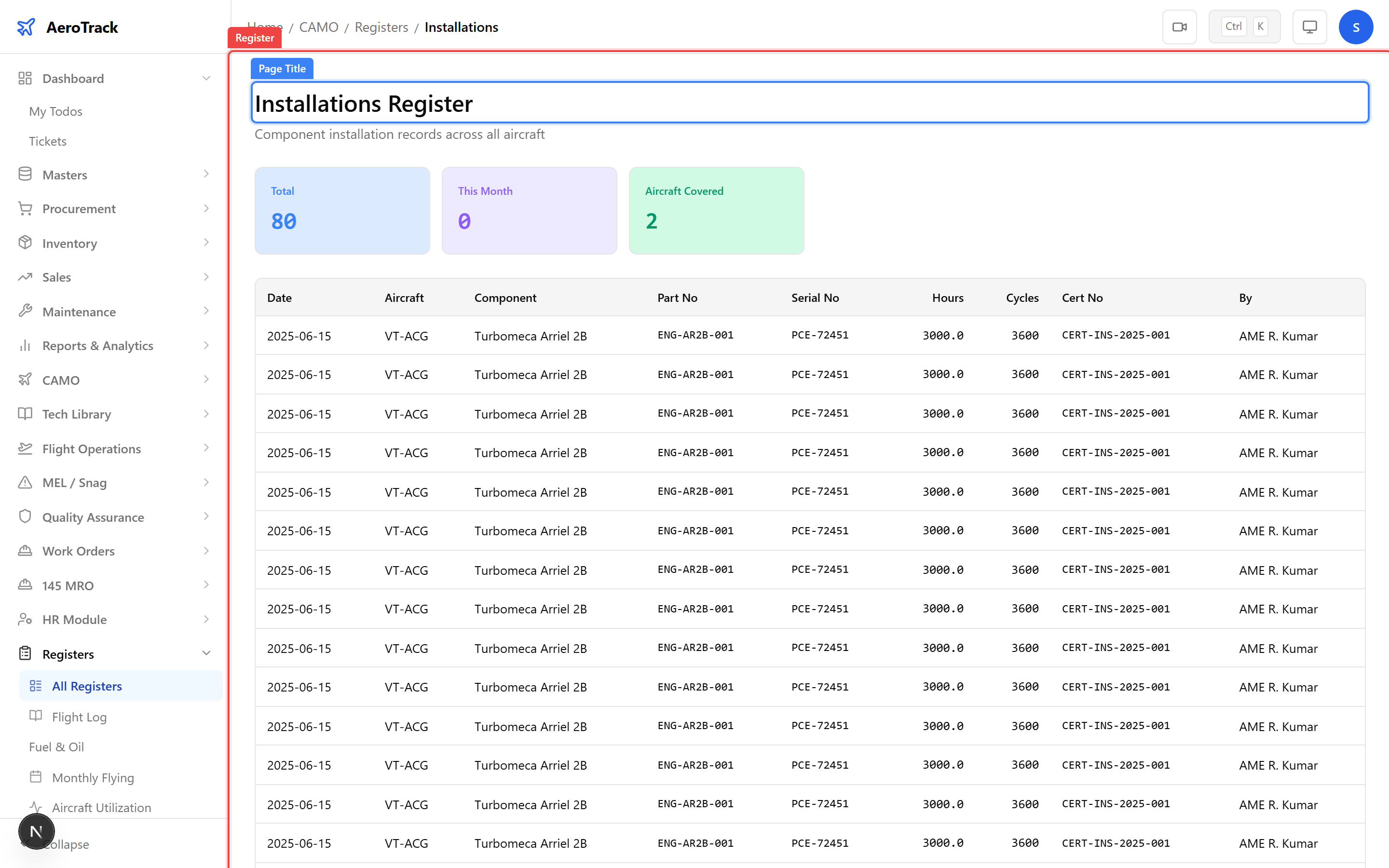 Installations Register showing component installation records with date, aircraft, and hours