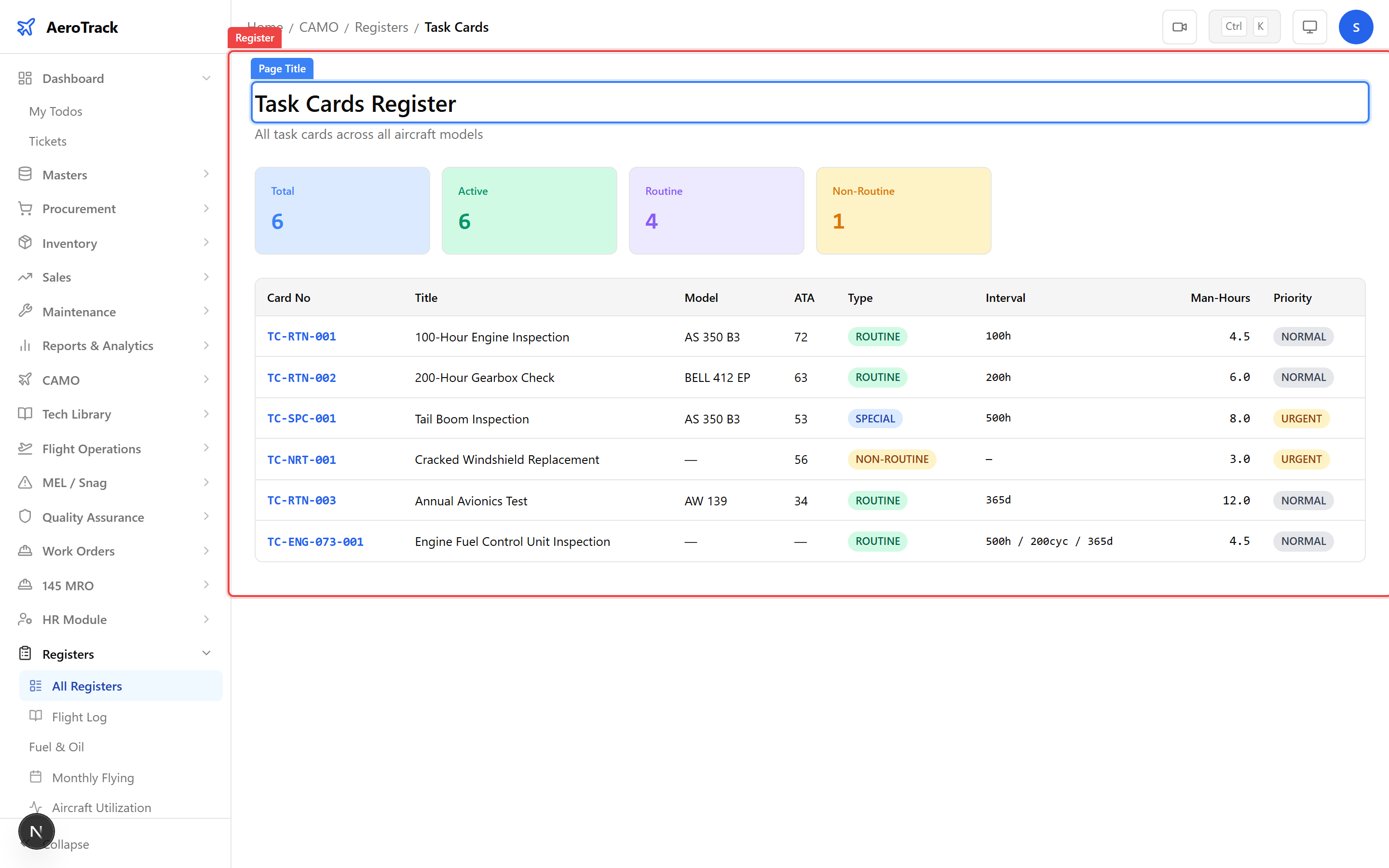 Task Cards Register showing card number, title, ATA chapter, type, interval, and active status