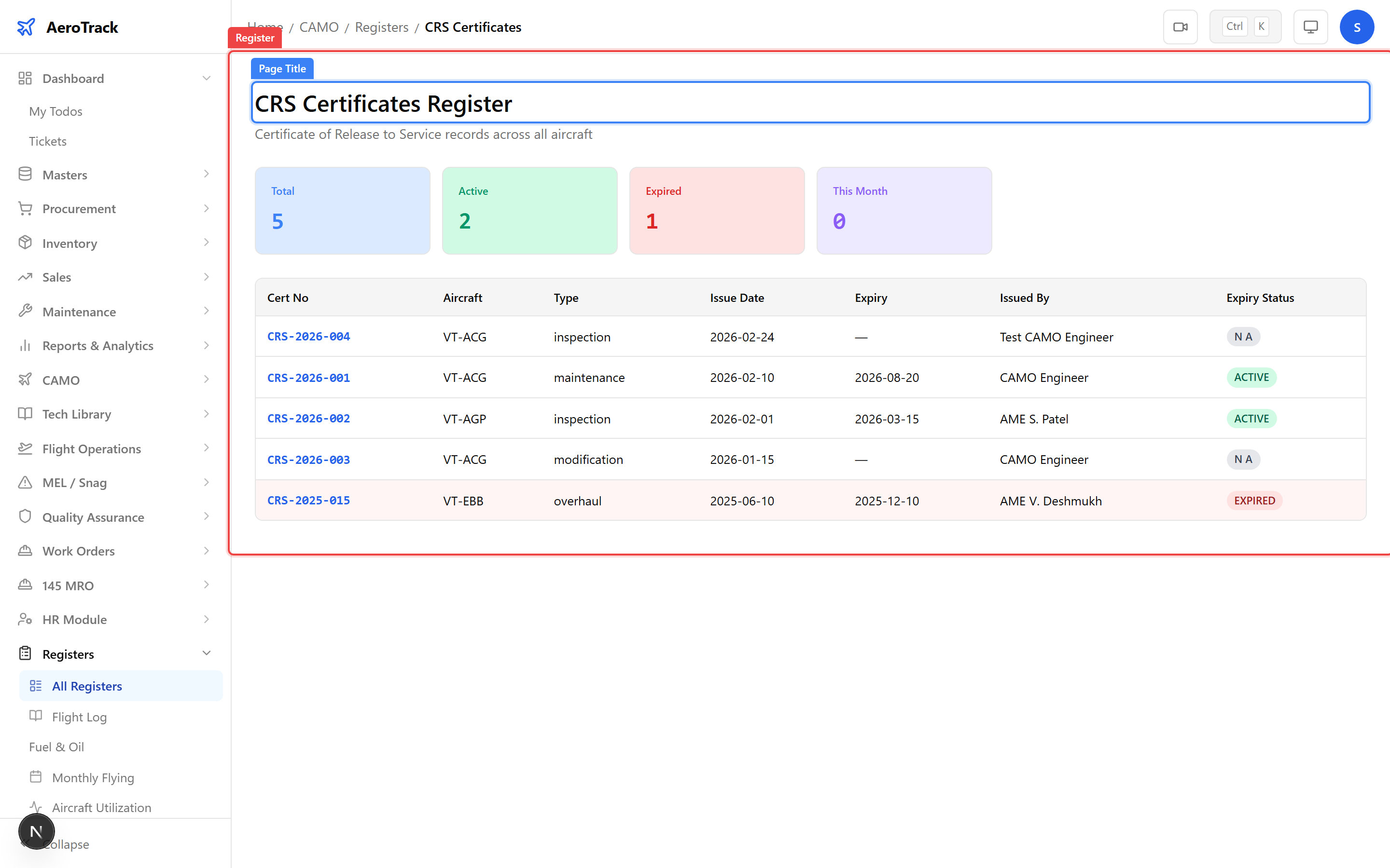 CRS Certificates Register showing certificate number, aircraft, issue date, and authorising engineer