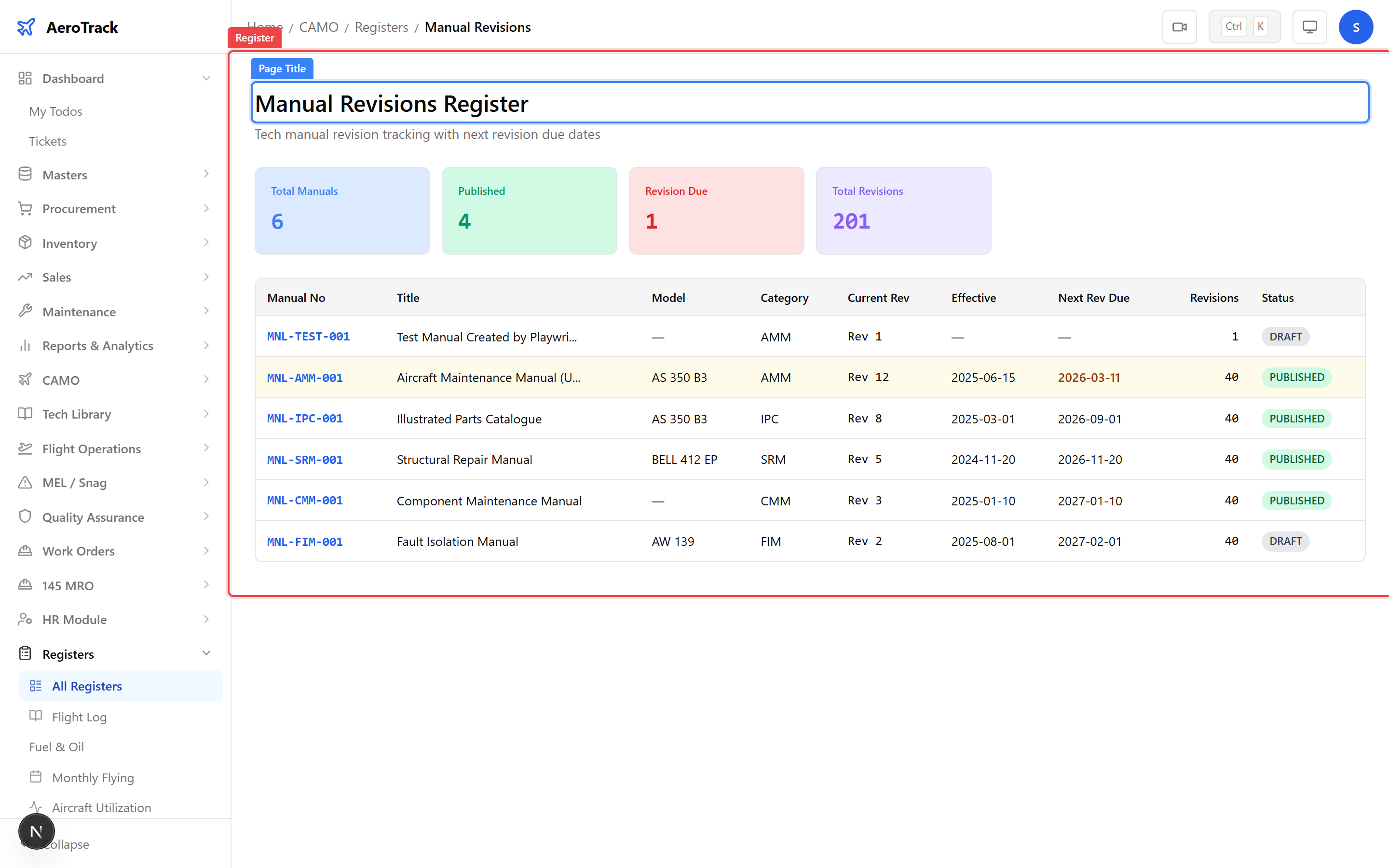 Manual Revisions Register showing manual titles, types, revision numbers, effective dates, and status badges