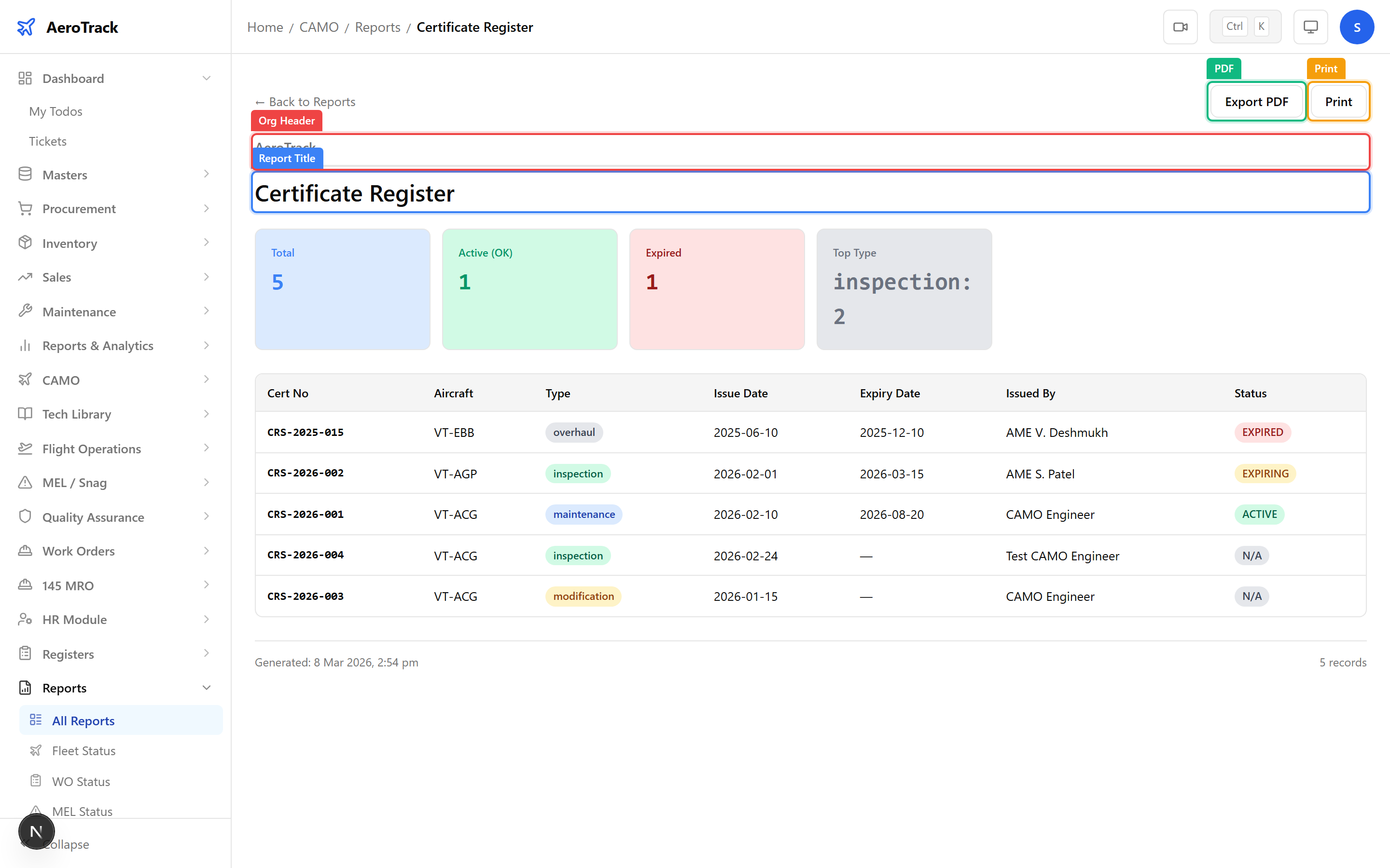 Certificate Register report with organisation header, title, and certificate table