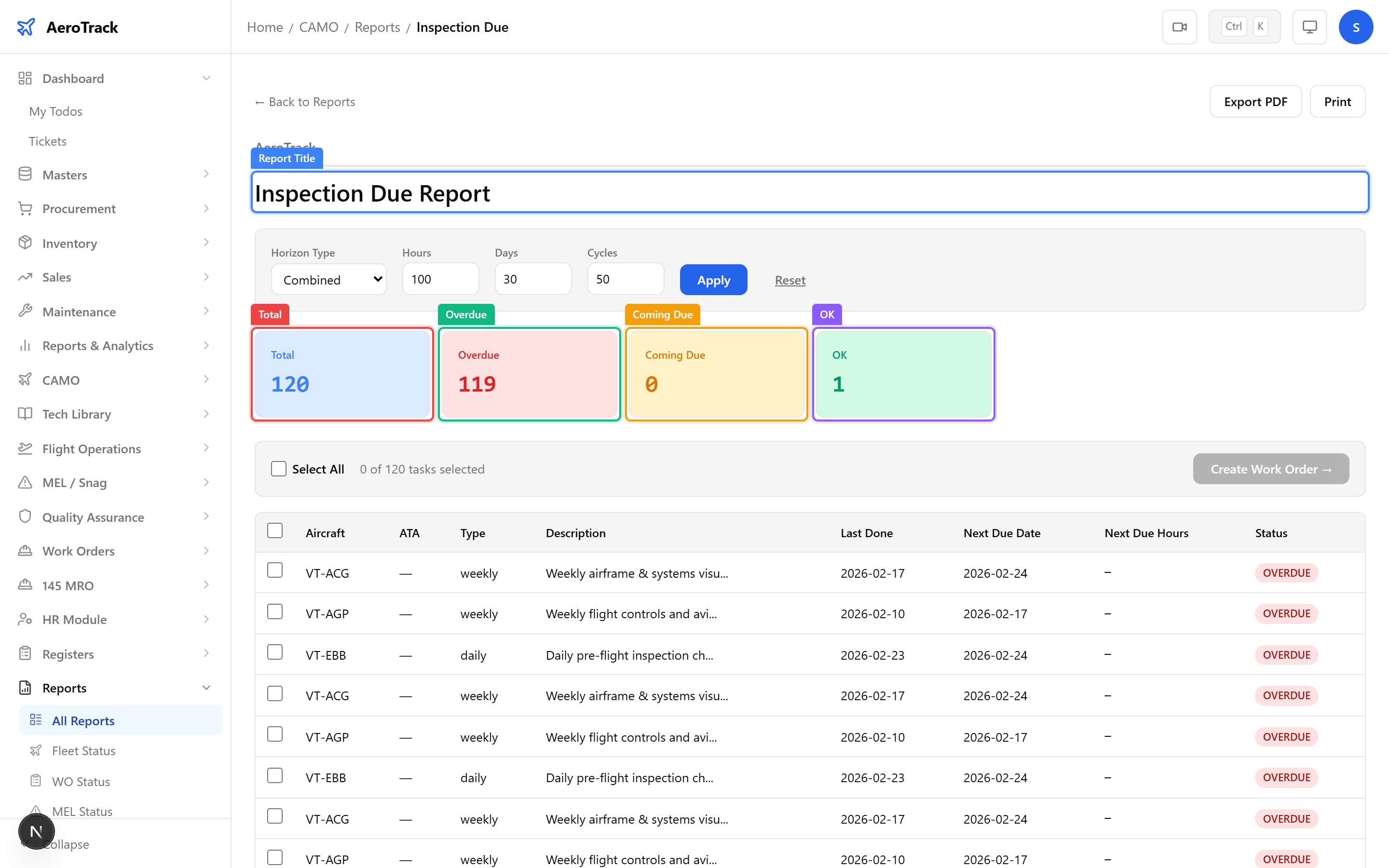 Inspection Due Report showing KPI cards for total, overdue, coming due, and OK counts